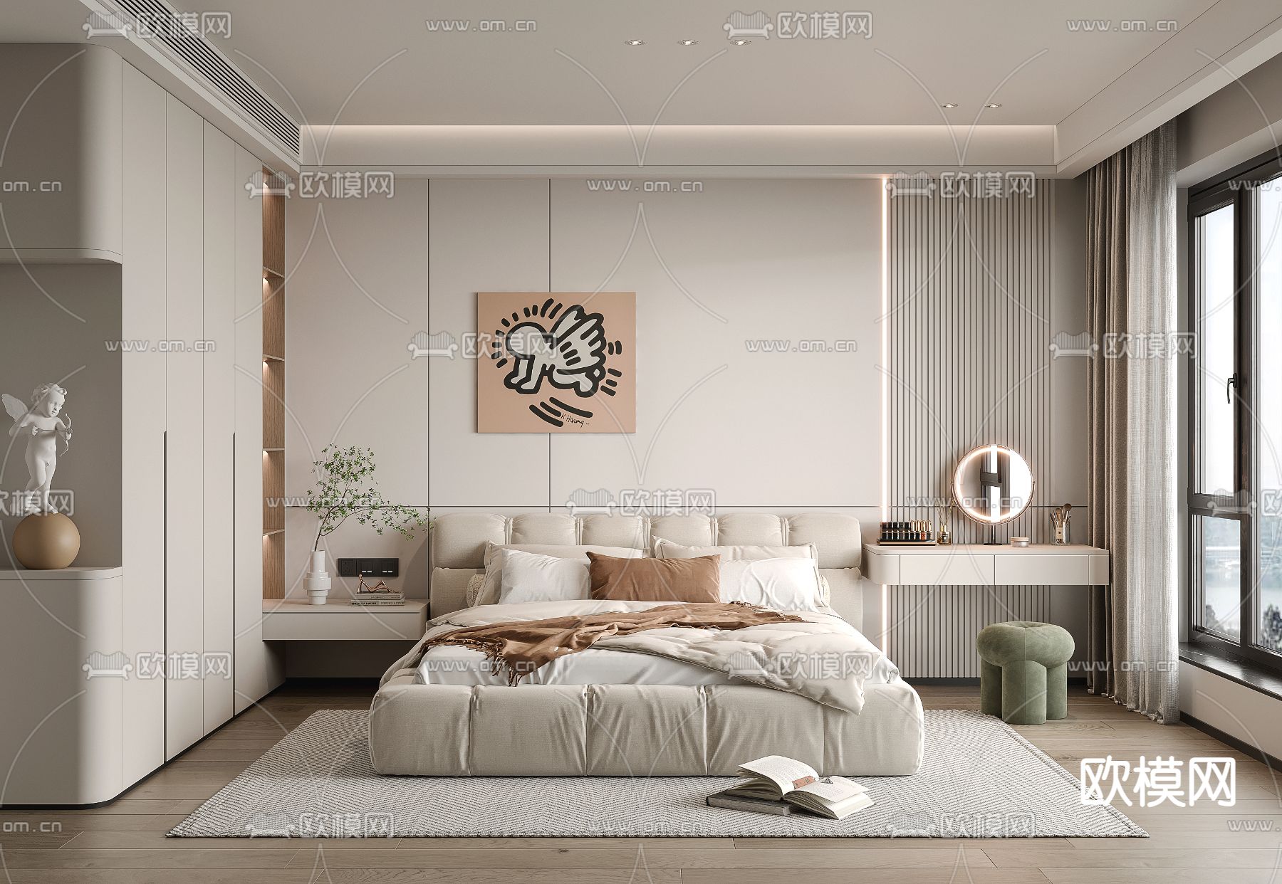 奶油风主人房 卧室 主卧3d模型下载