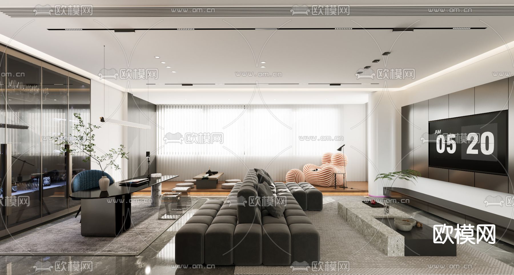 高级灰客餐厅3d模型下载（渲染图1）