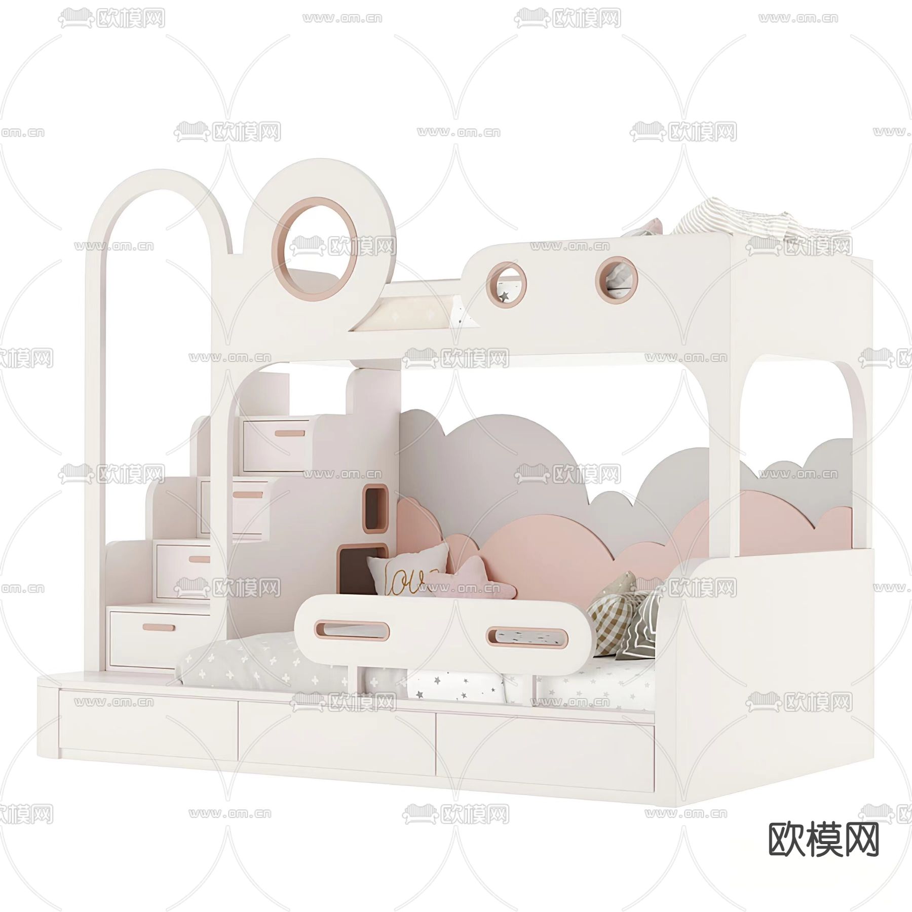上下铺儿童床 公主床 高低床3d模型下载（渲染图1）
