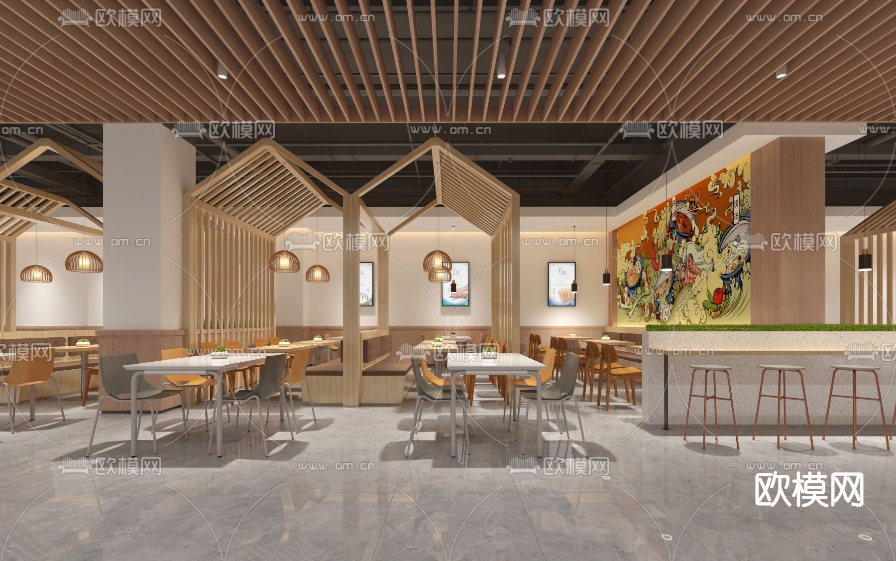 现代食堂 员工餐厅3d模型下载（渲染图1）