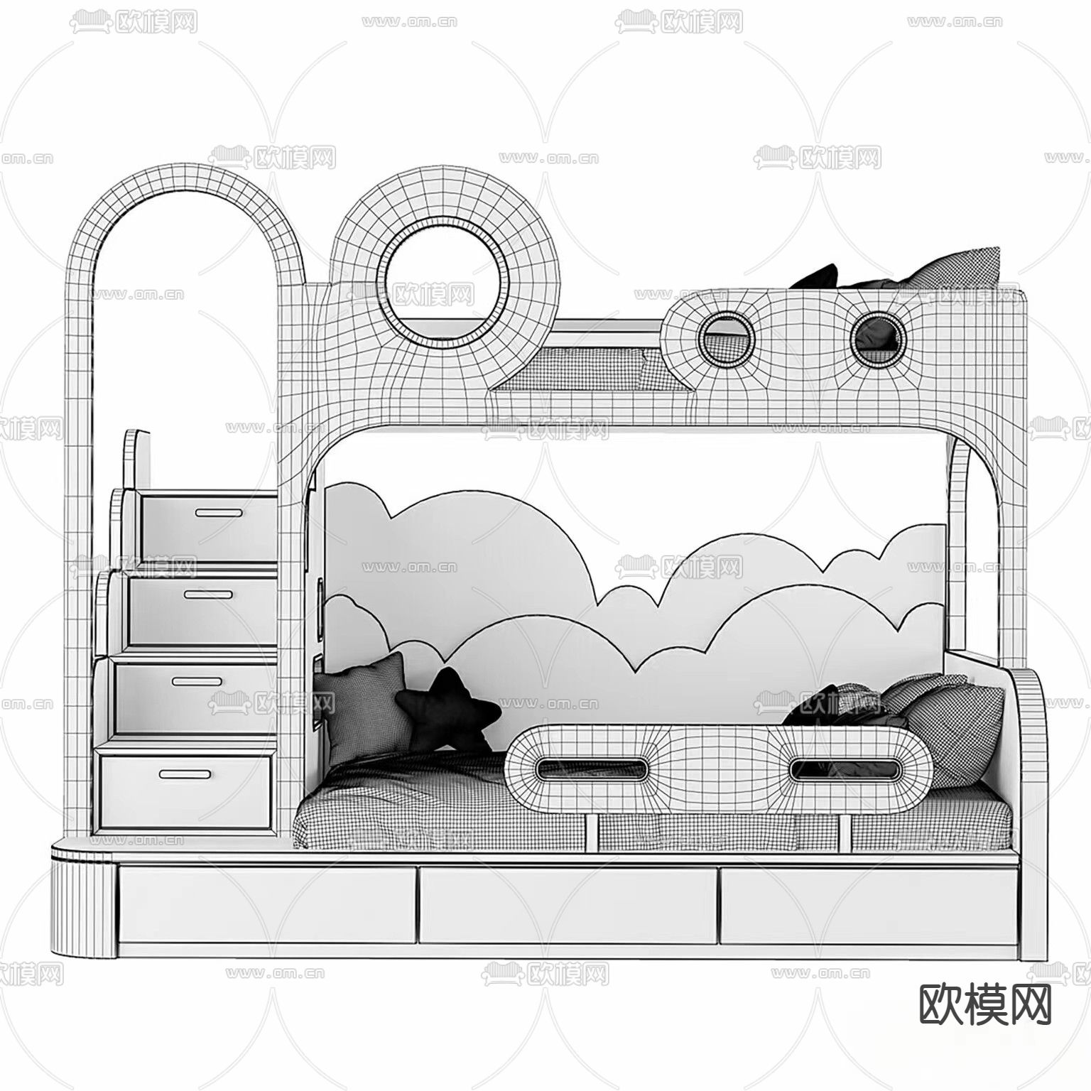 上下铺儿童床 公主床 高低床3d模型下载（渲染图2）