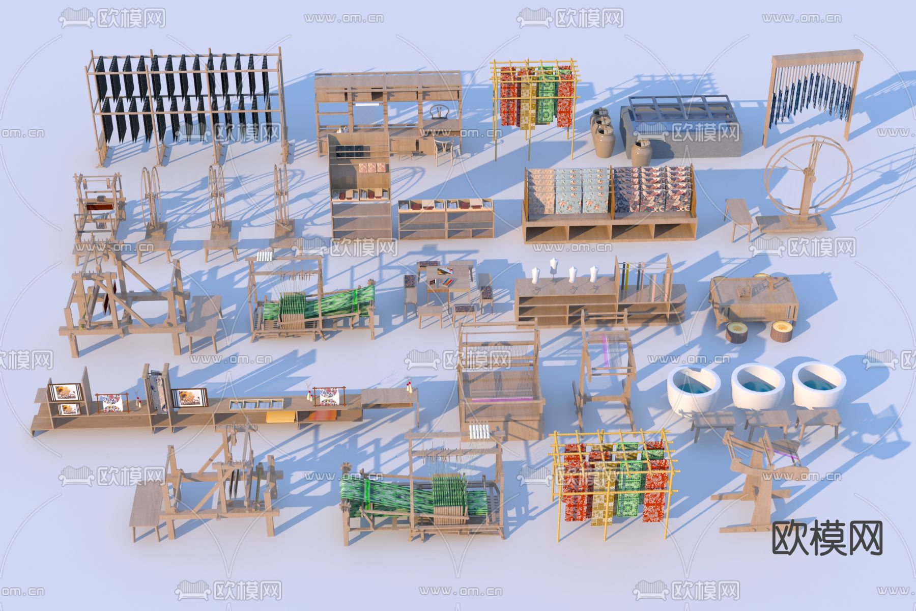中式织布机 染布工坊 染缸 晒布架3d模型下载