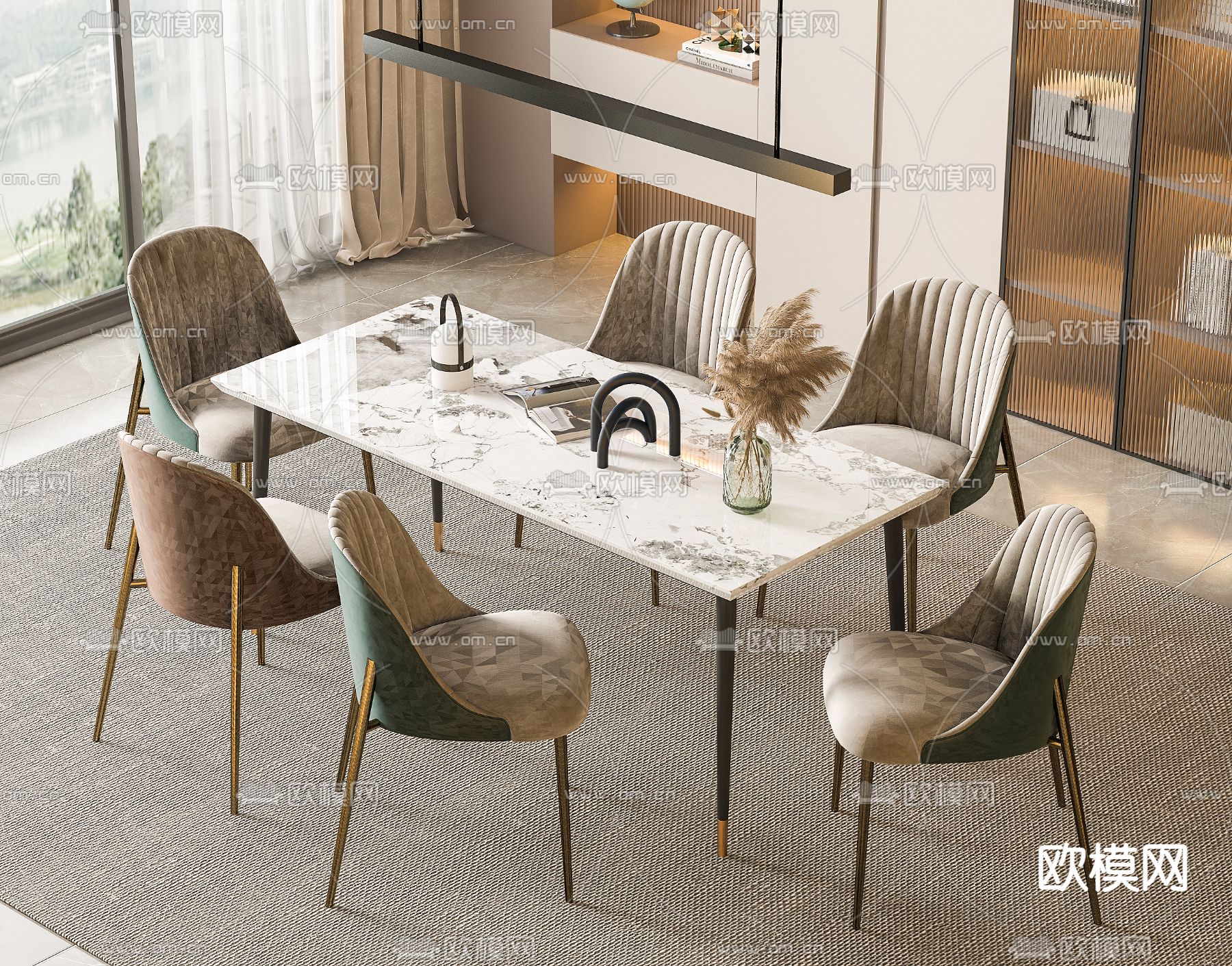 长条餐桌椅3d模型下载