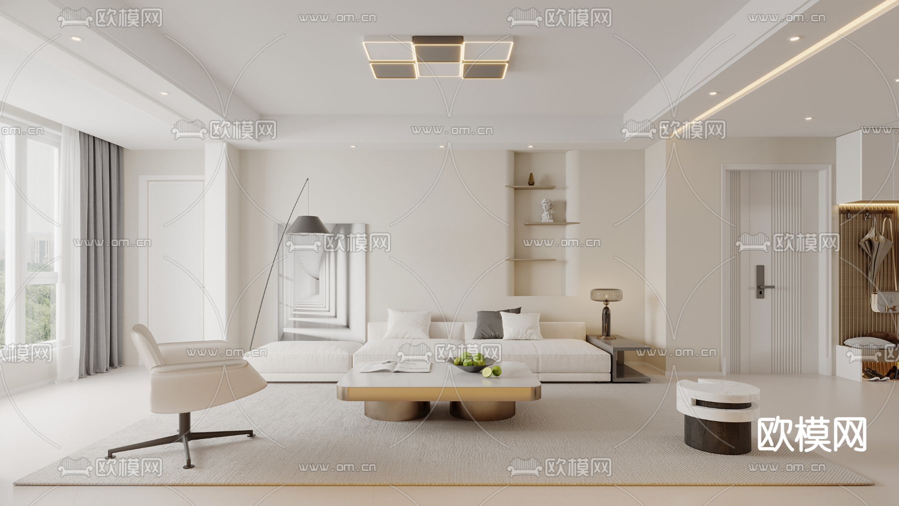 奶油风客餐厅3d模型下载（渲染图1）