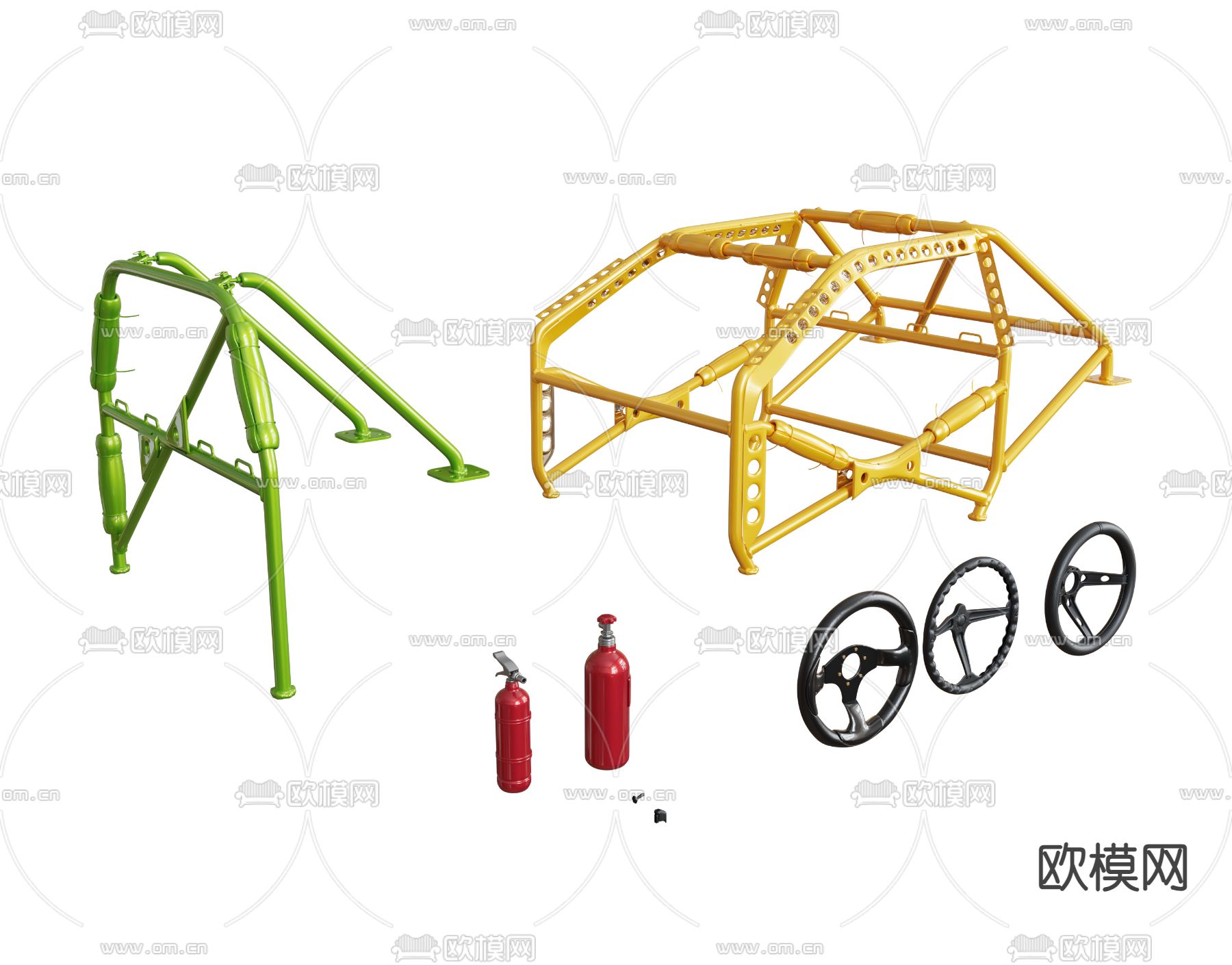 汽车防滚架 防滚笼 越野车架 钢管 灭火器 氮气罐3d模型下载