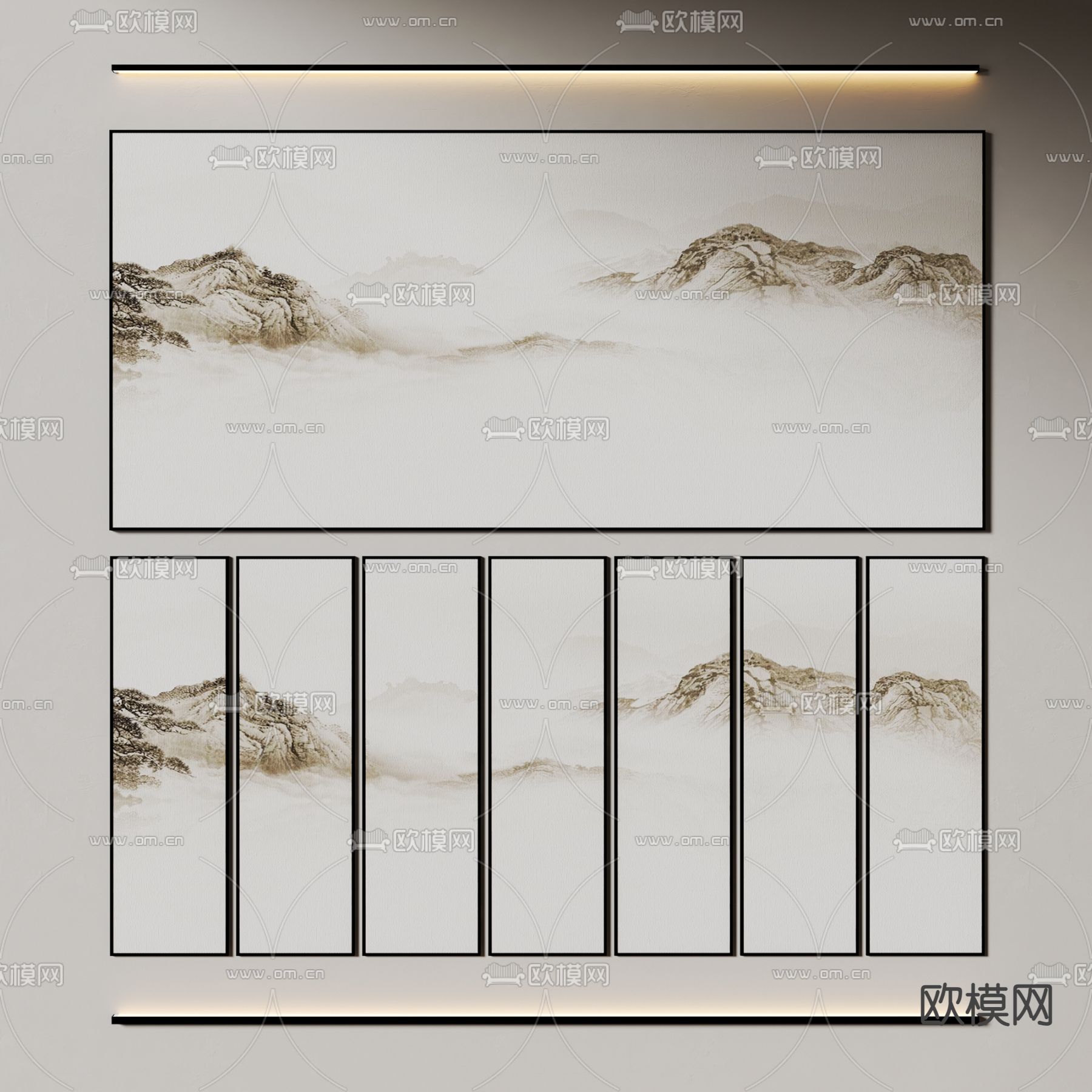 新中式壁画布 山水画 水墨画3d模型下载