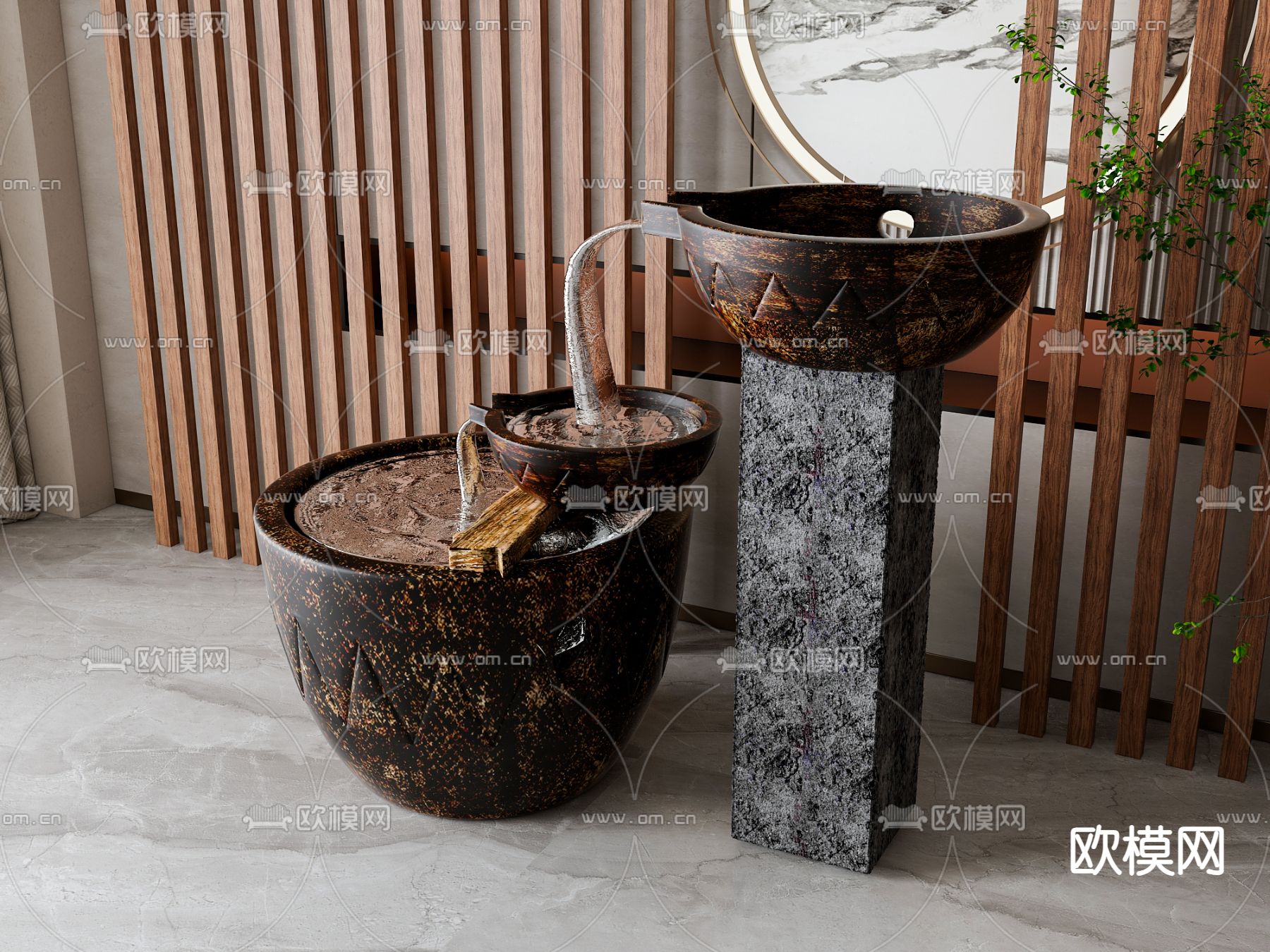 新中式坛子 流水装置 庭院小品3d模型下载