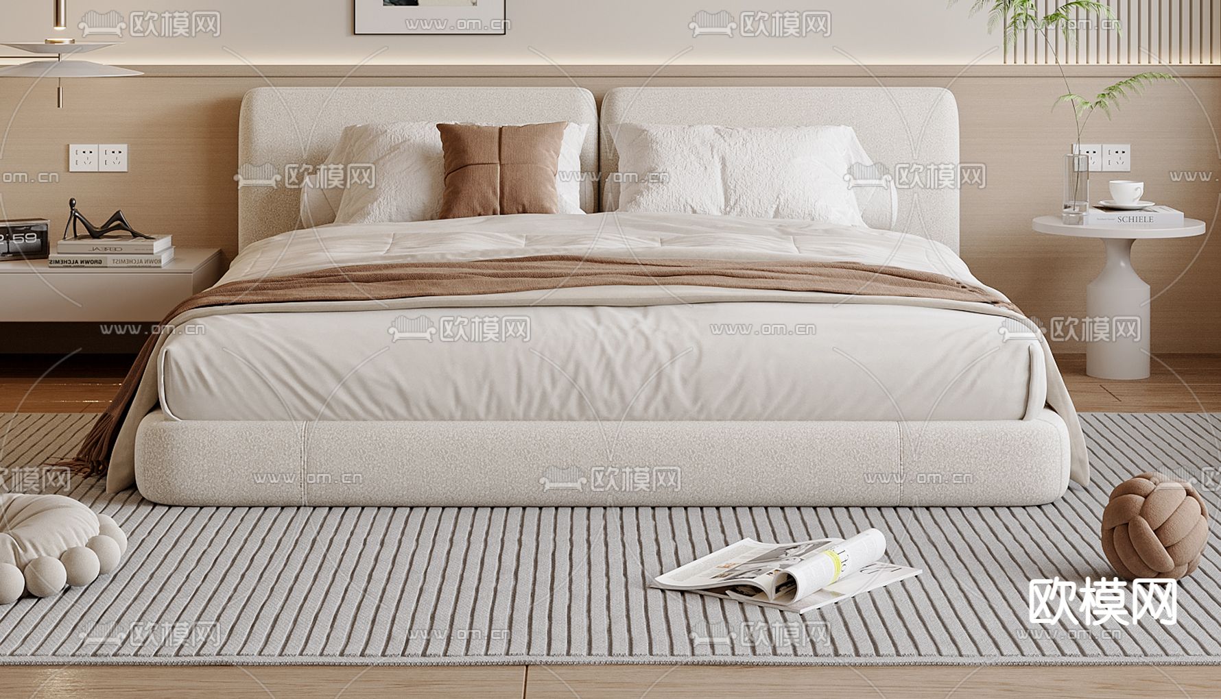 奶油风双人床3d模型下载