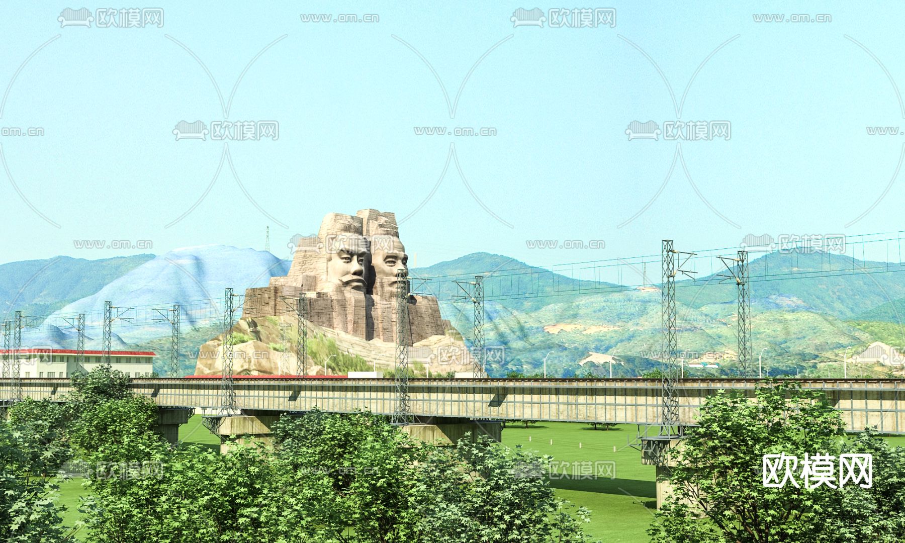 高铁铁路景观 炎黄二帝雕塑3d模型下载
