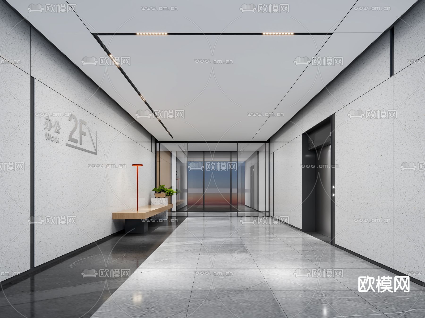 办公室走廊 电梯间 电梯厅3d模型下载（渲染图1）