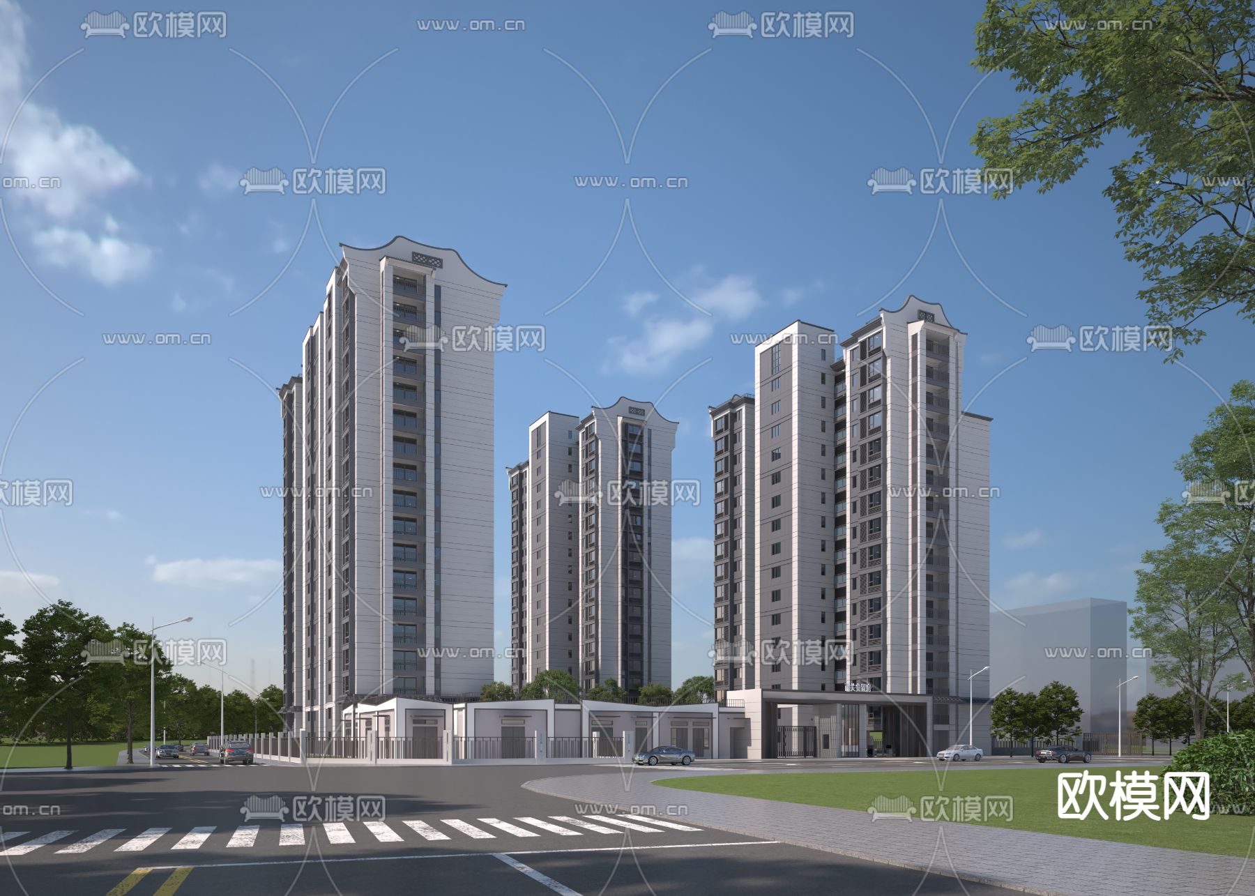 新中式住宅楼 高层住宅外观3d模型下载