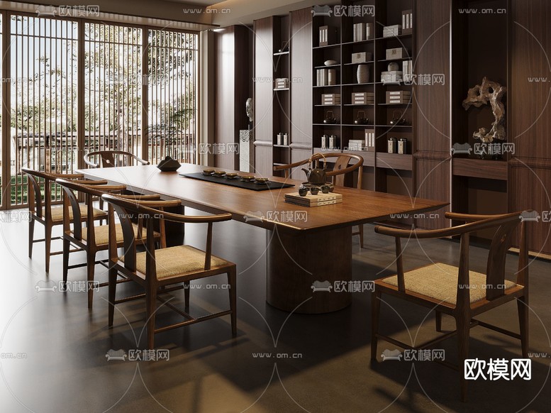 新中式茶桌椅 茶台3d模型下载(渲染图2)