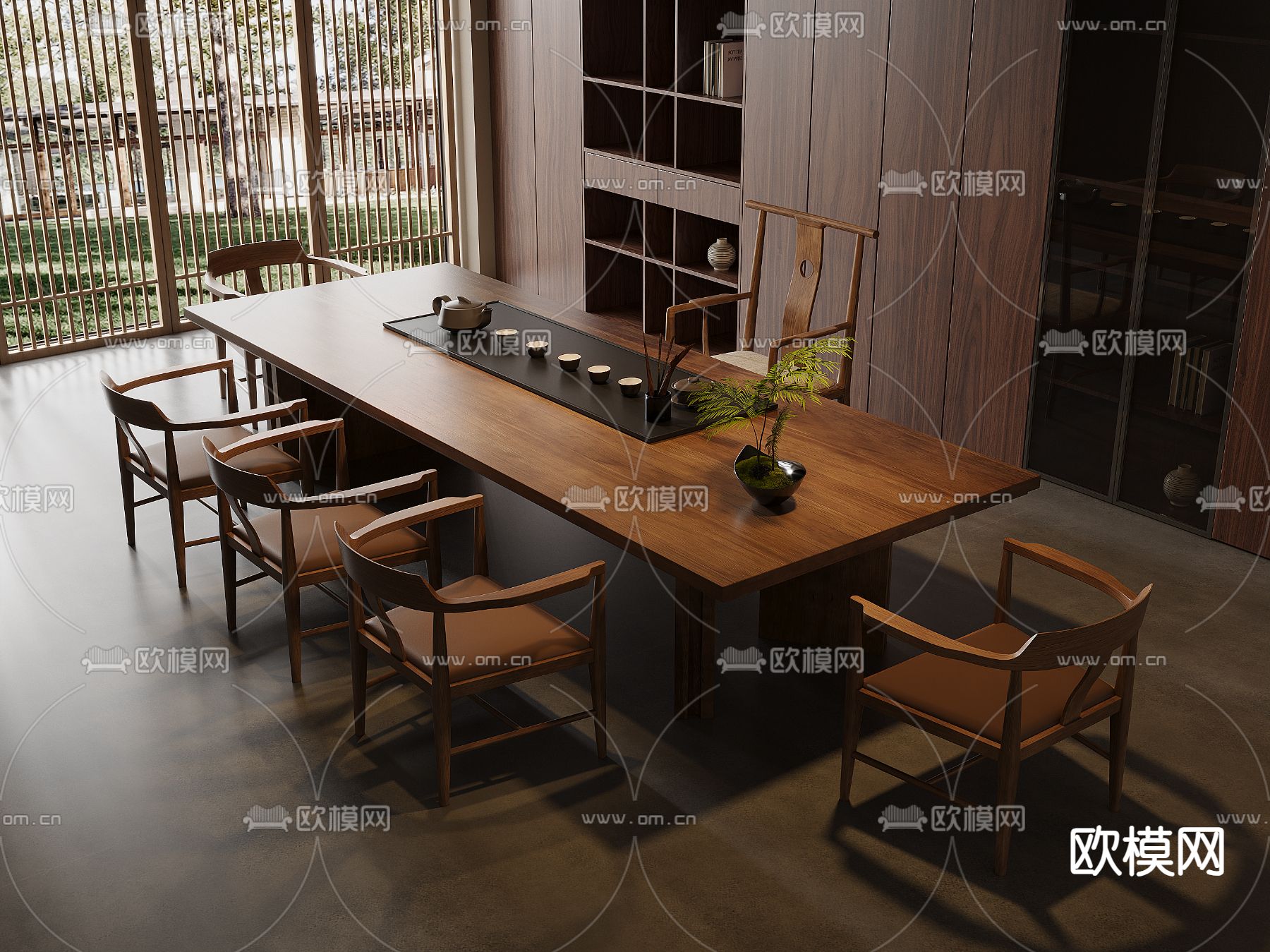 新中式茶桌椅 茶台3d模型下载（渲染图1）