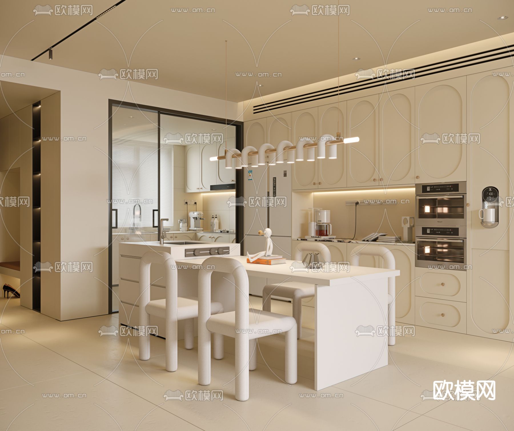 奶油风餐厅 中岛餐厅3d模型下载