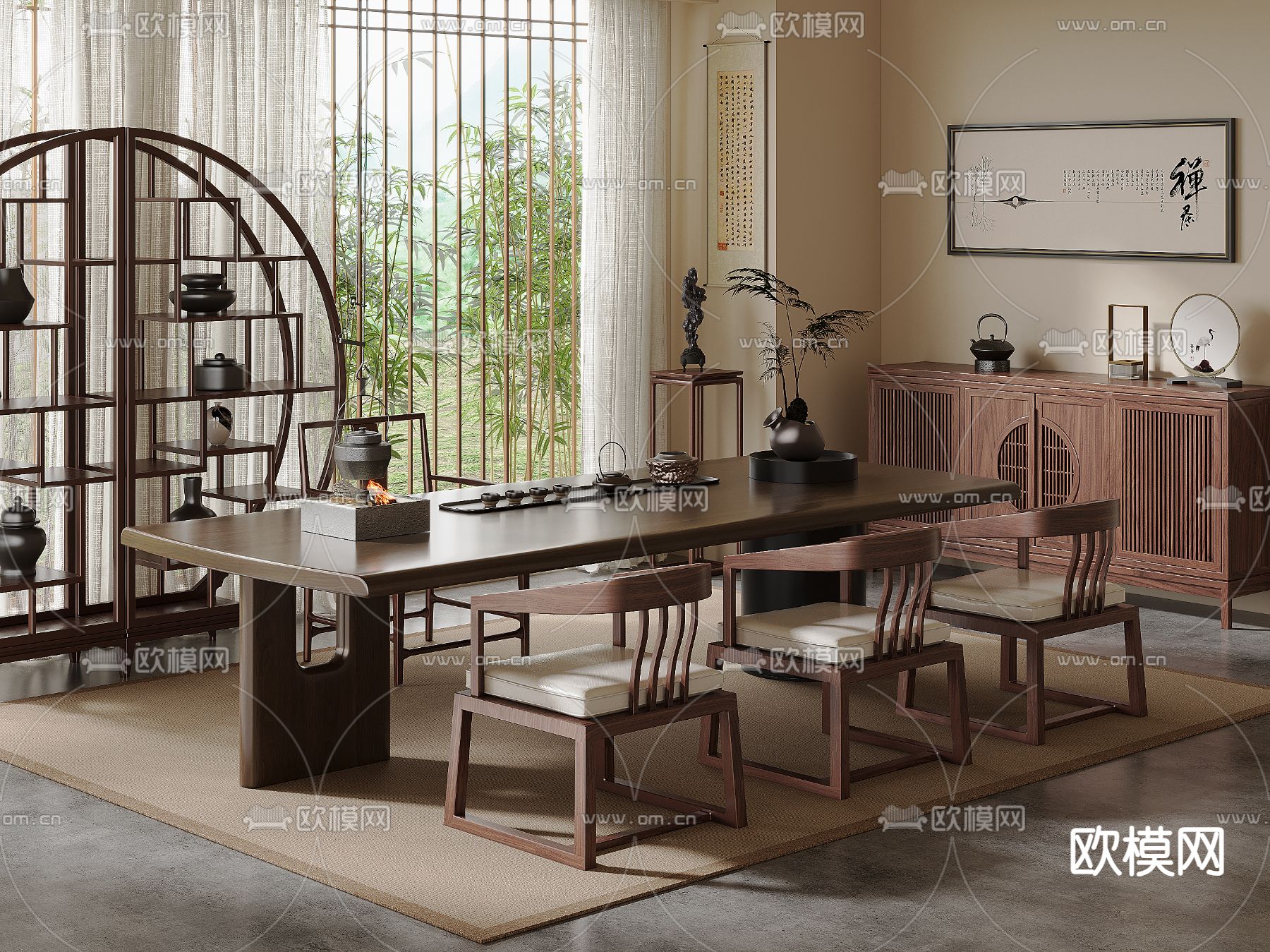 新中式茶桌椅 茶台 博古架3d模型下载（渲染图1）