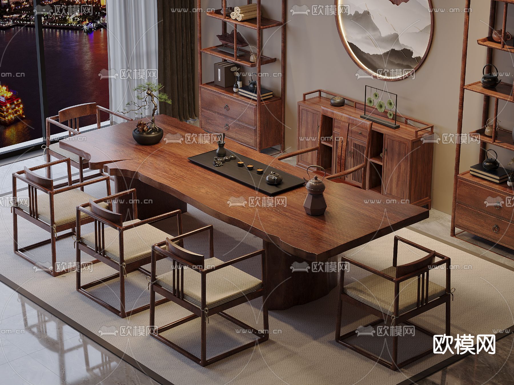 新中式茶桌椅 茶台3d模型下载（渲染图2）