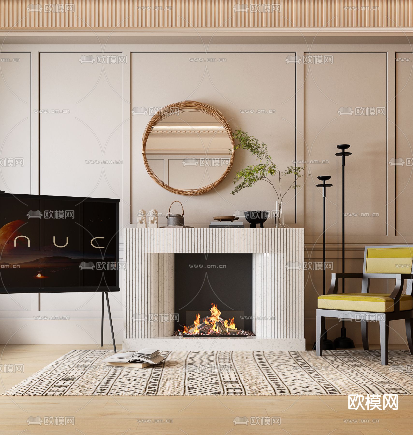 现代壁炉 火焰 柴火堆3d模型下载