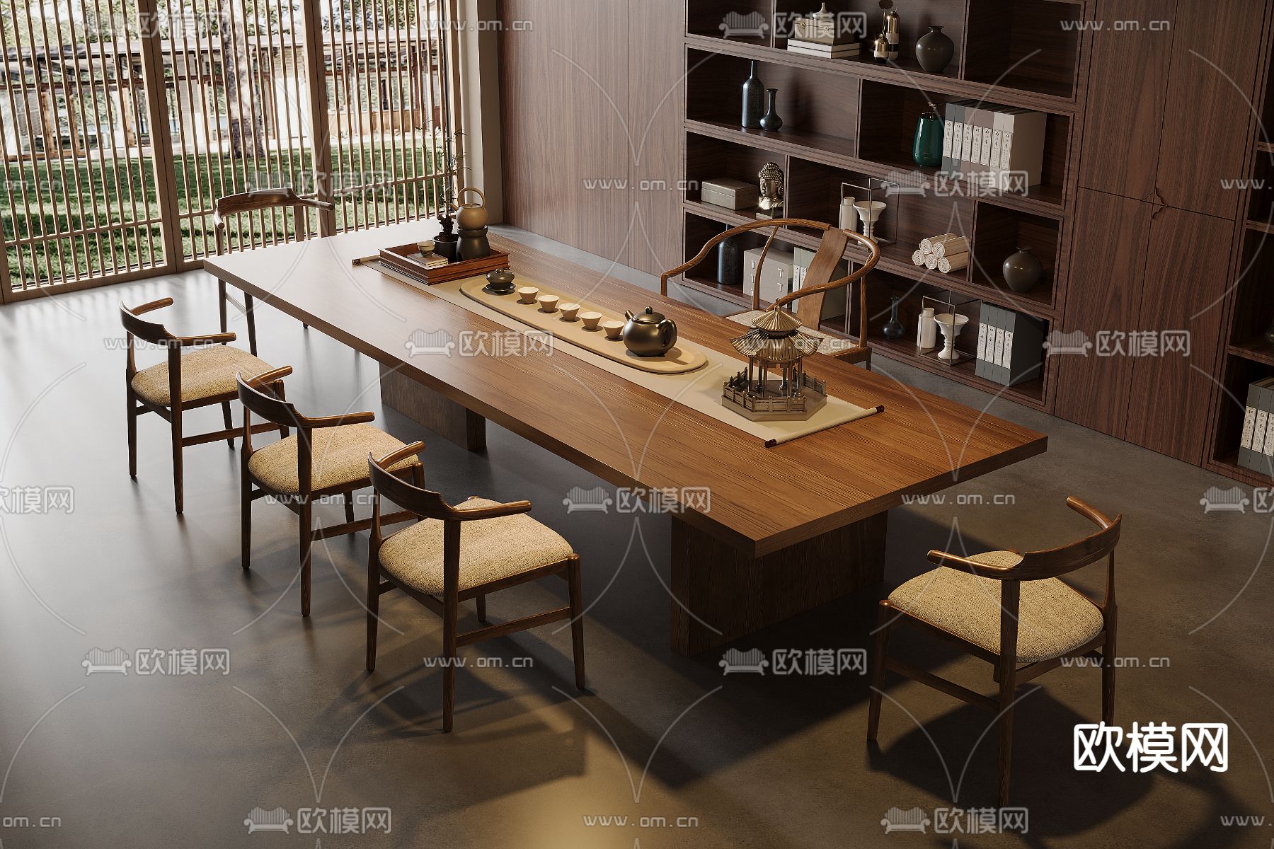 新中式茶桌椅 茶台3d模型下载（渲染图1）