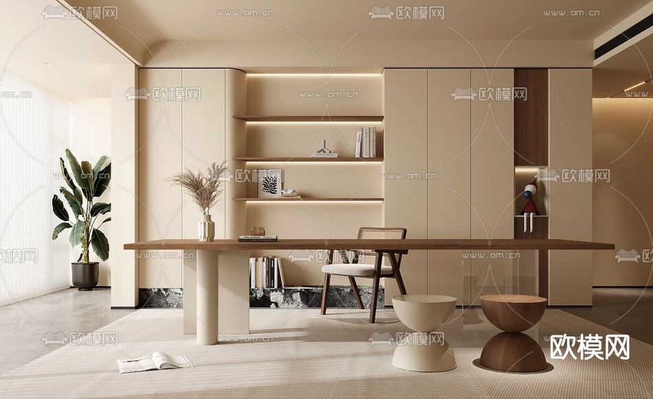 奶油风书房 学习室 工作室3d模型下载_ID15128658_3dmax免费模型-欧模网
