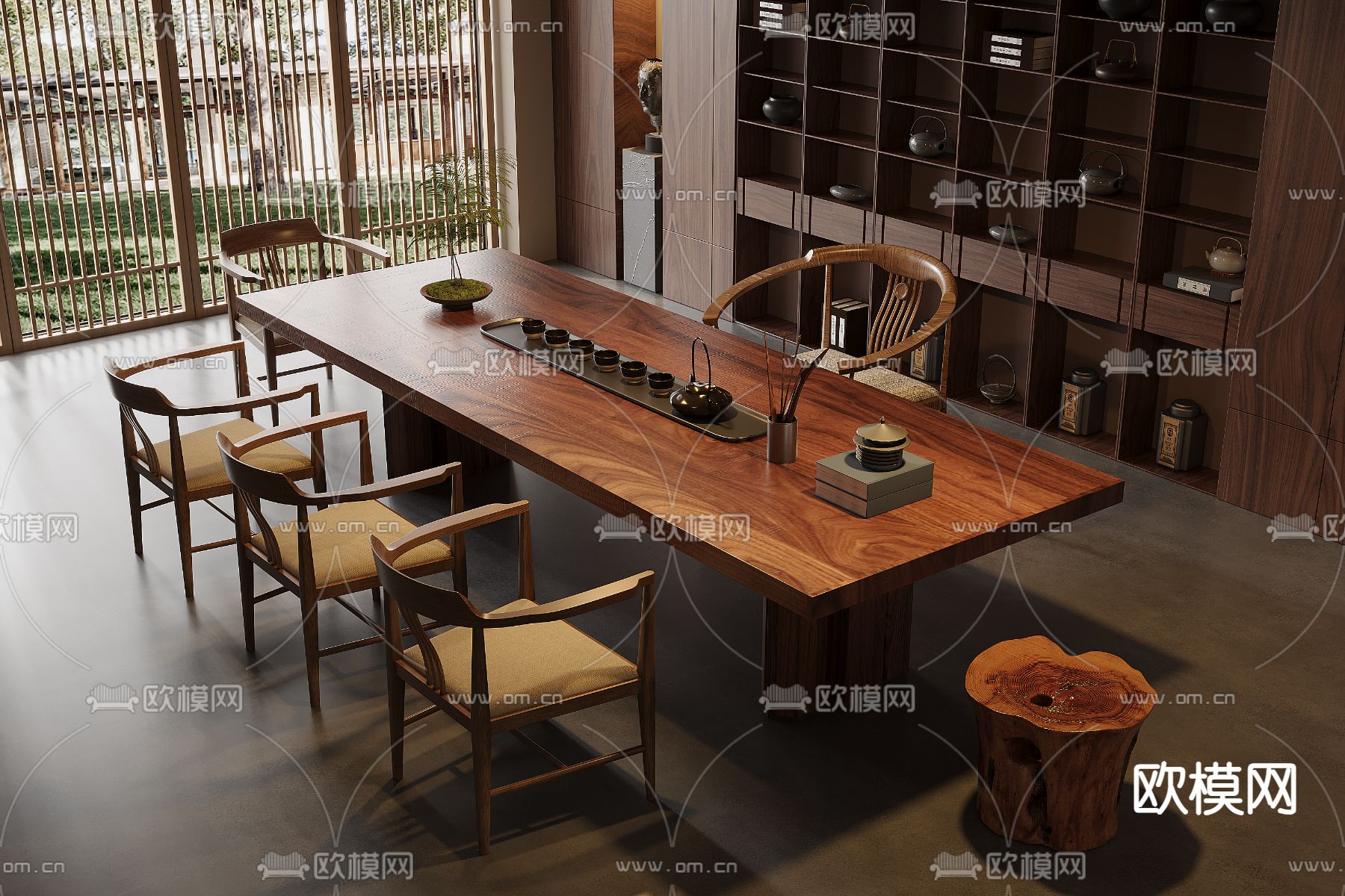 新中式茶桌椅 茶台3d模型下载（渲染图2）