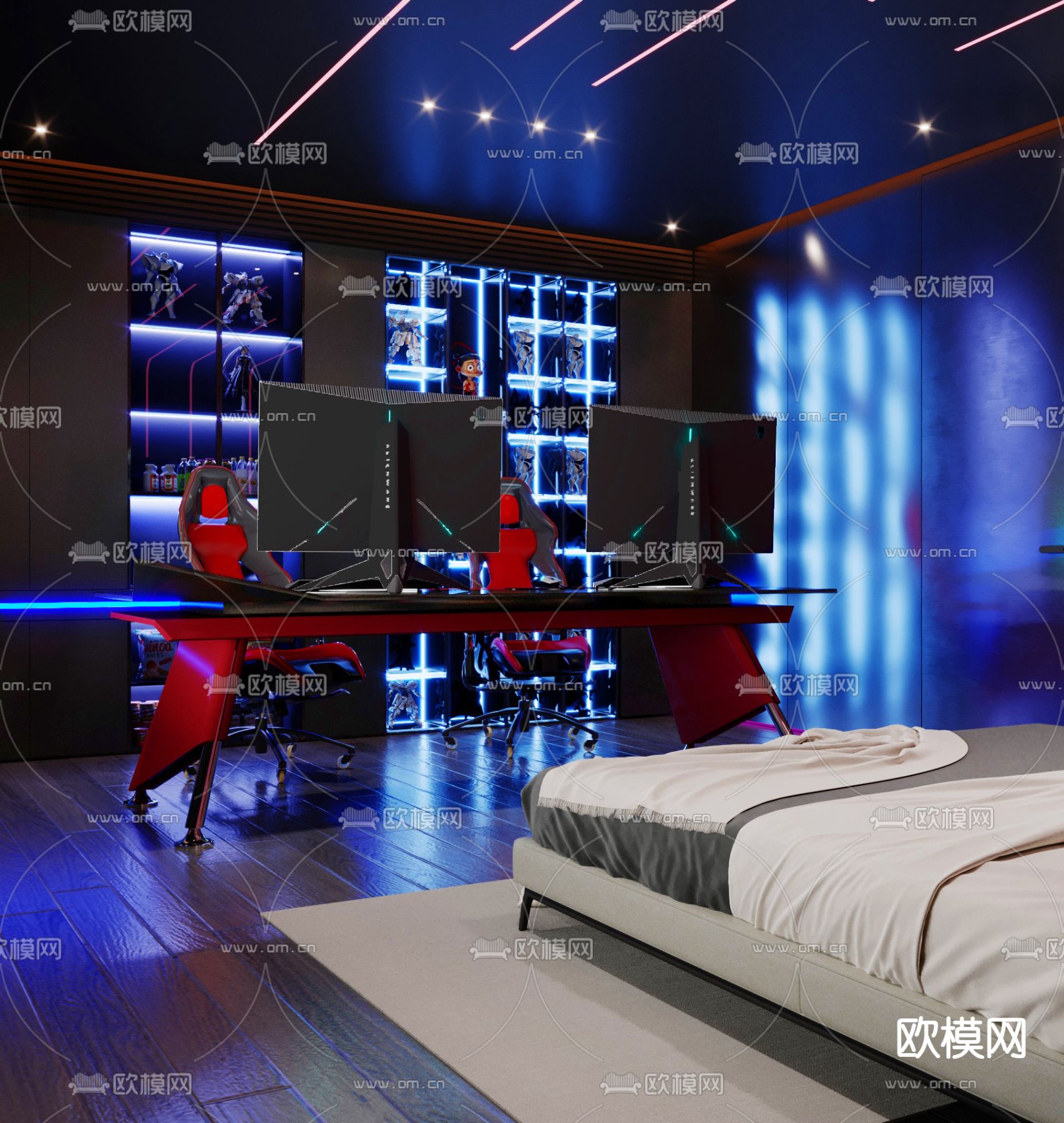 现代电竞酒店 客房 电竞房3d模型下载（渲染图2）
