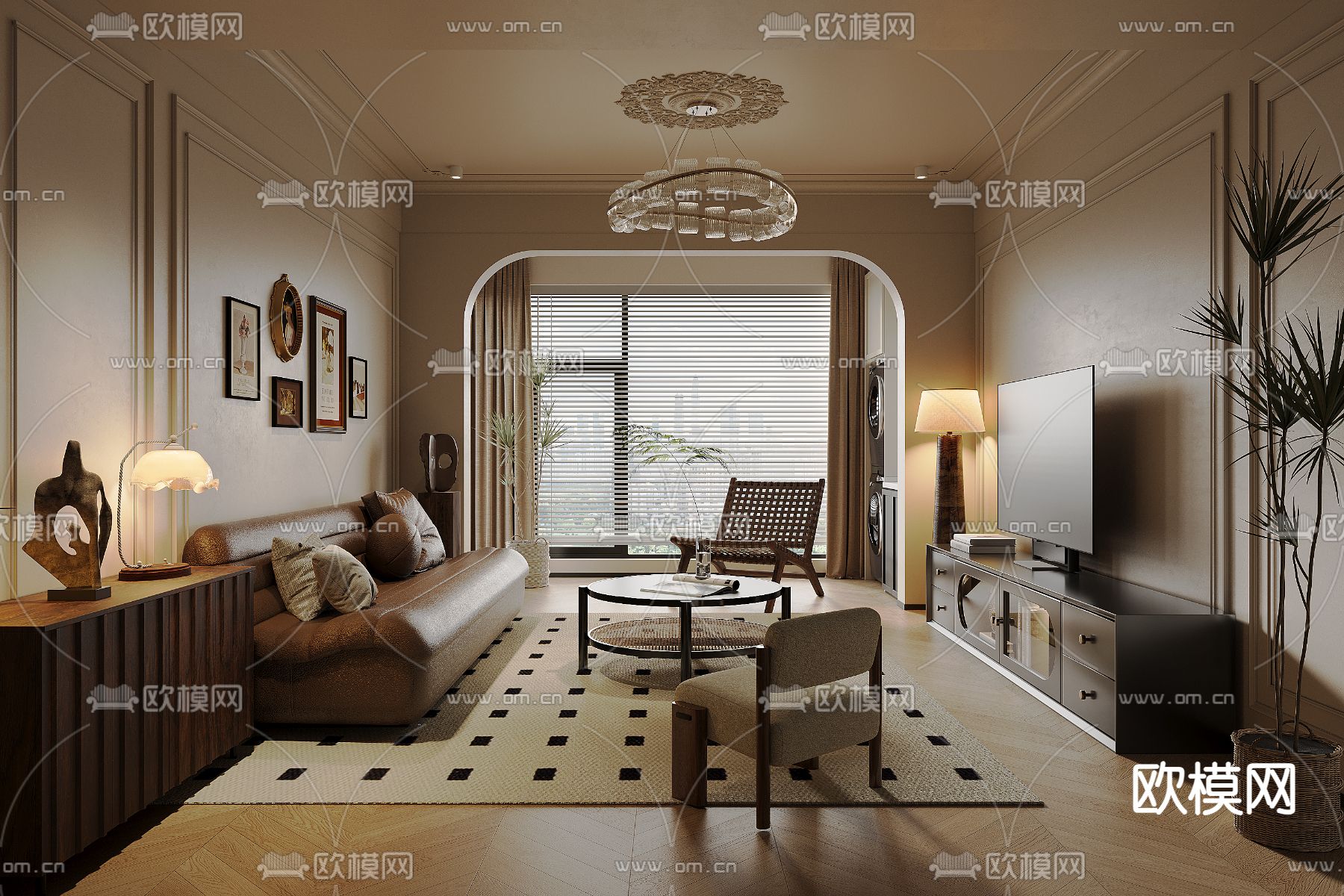 美式客厅3d模型下载（渲染图2）