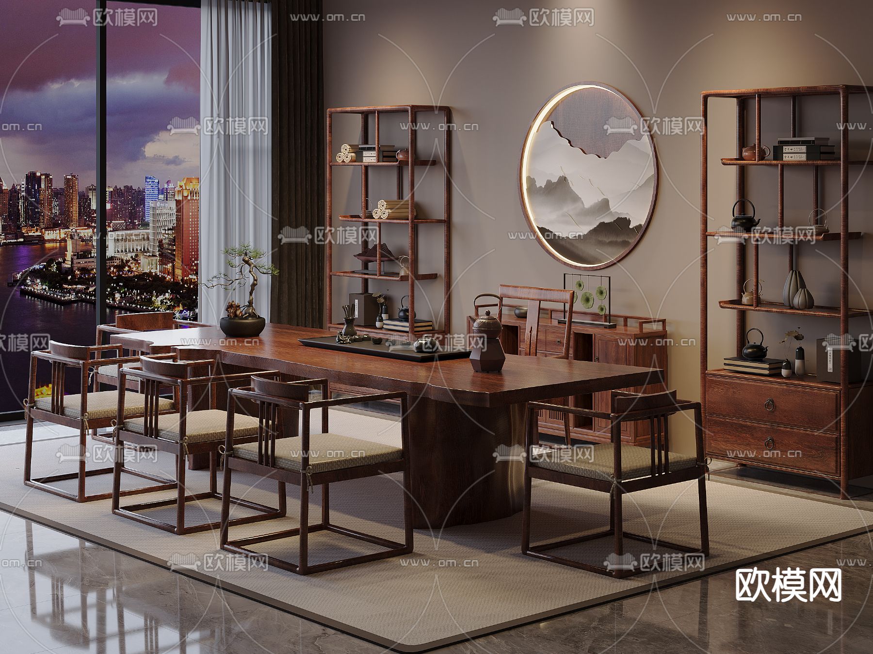 新中式茶桌椅 茶台3d模型下载（渲染图1）