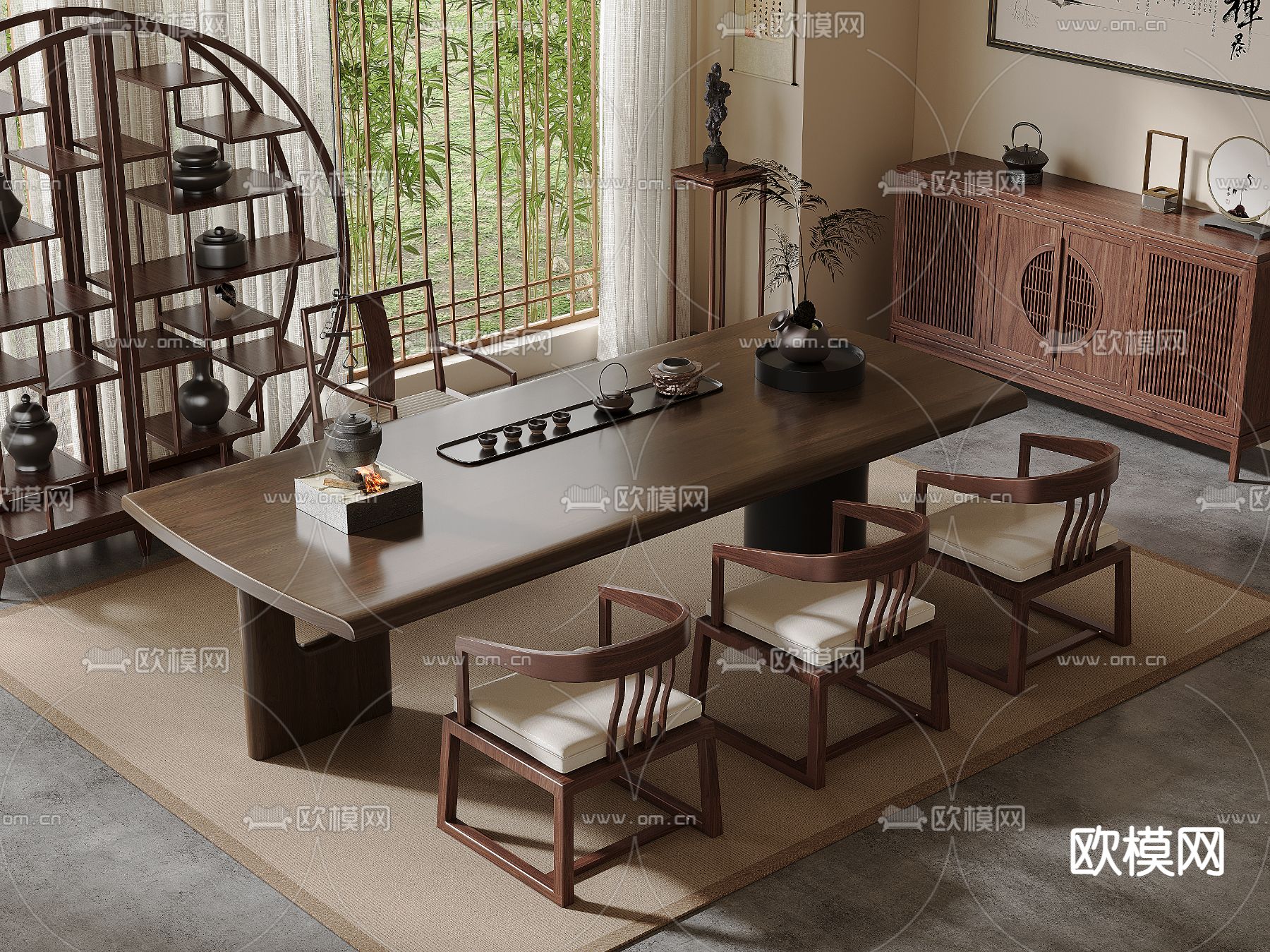 新中式茶桌椅 茶台 博古架3d模型下载（渲染图2）