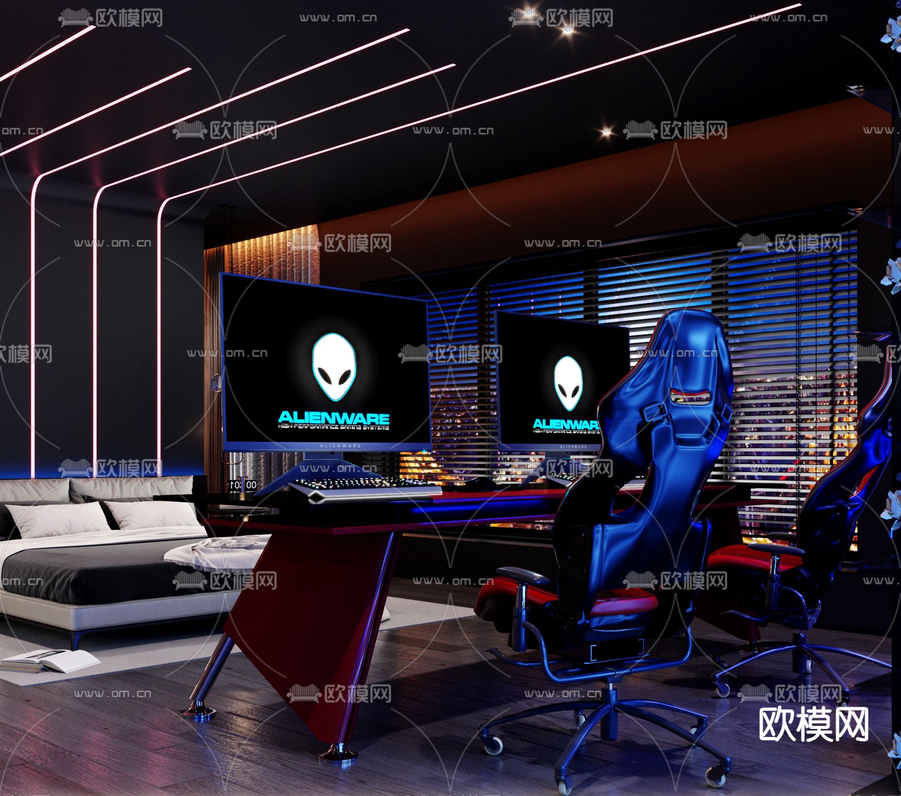 现代电竞酒店 客房 电竞房3d模型下载（渲染图3）