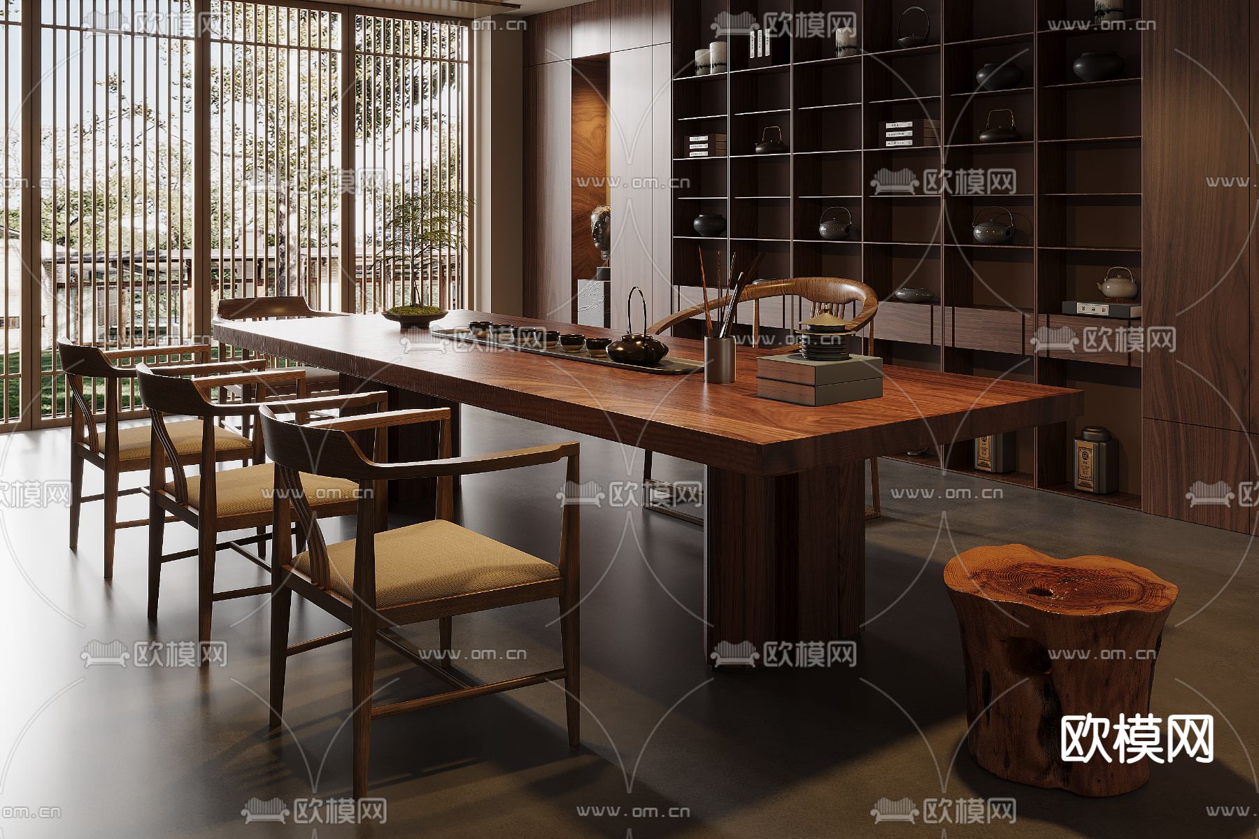 新中式茶桌椅 茶台3d模型下载（渲染图1）