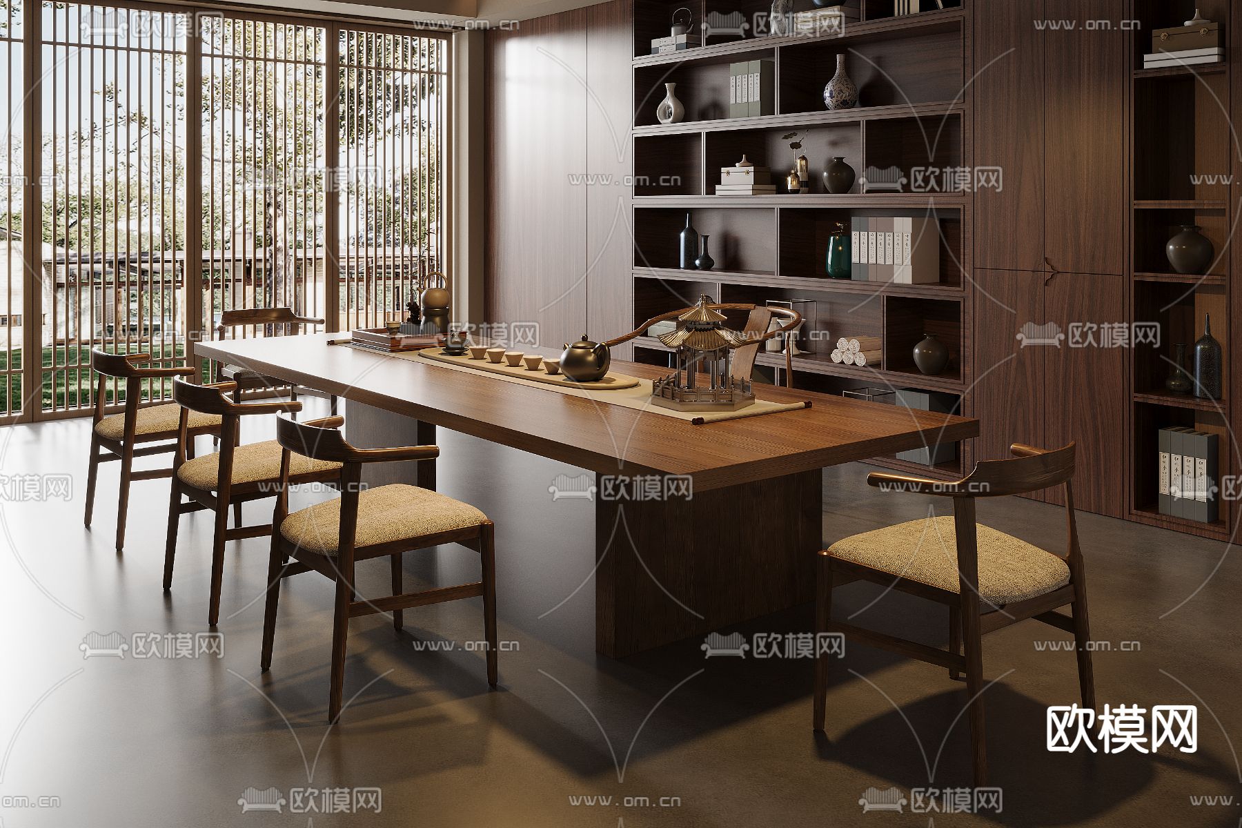 新中式茶桌椅 茶台3d模型下载（渲染图2）