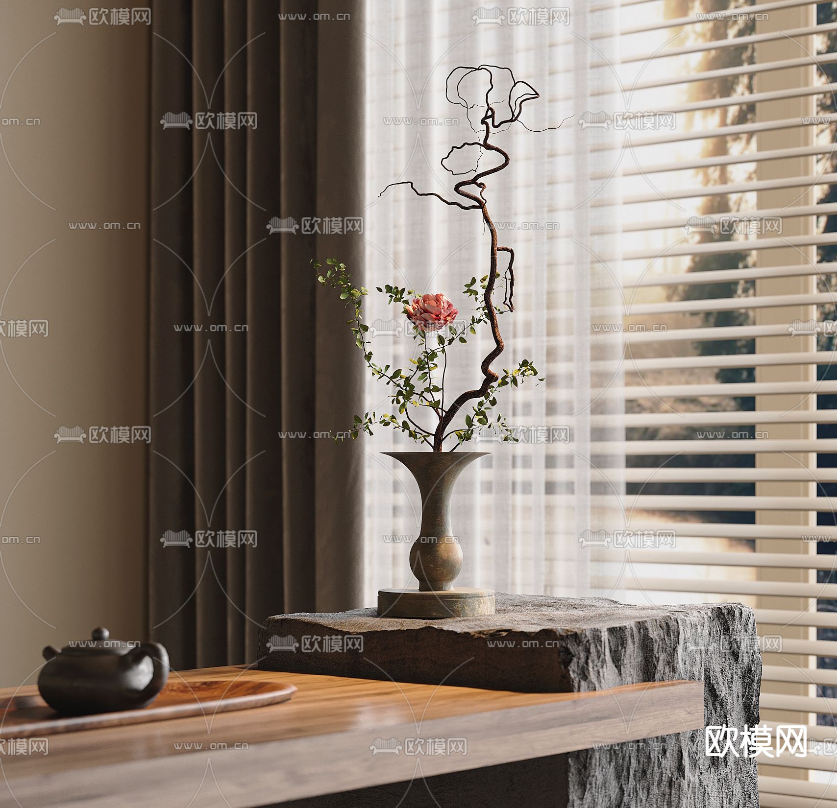 新中式花瓶 花艺 插花 枯枝3d模型下载