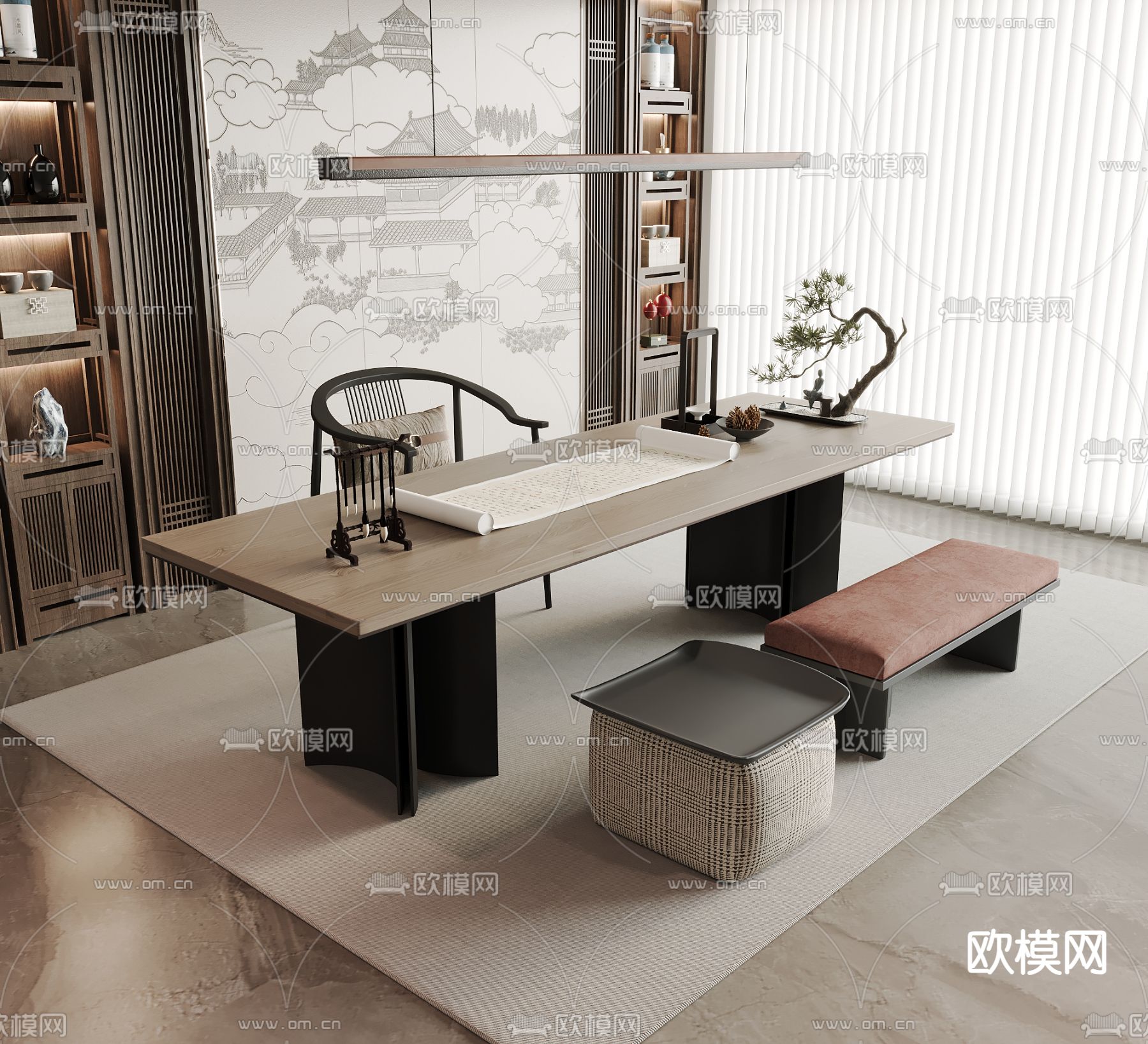 新中式书桌椅 书法桌3d模型下载_ID15133787_3dmax免费模型-欧模网