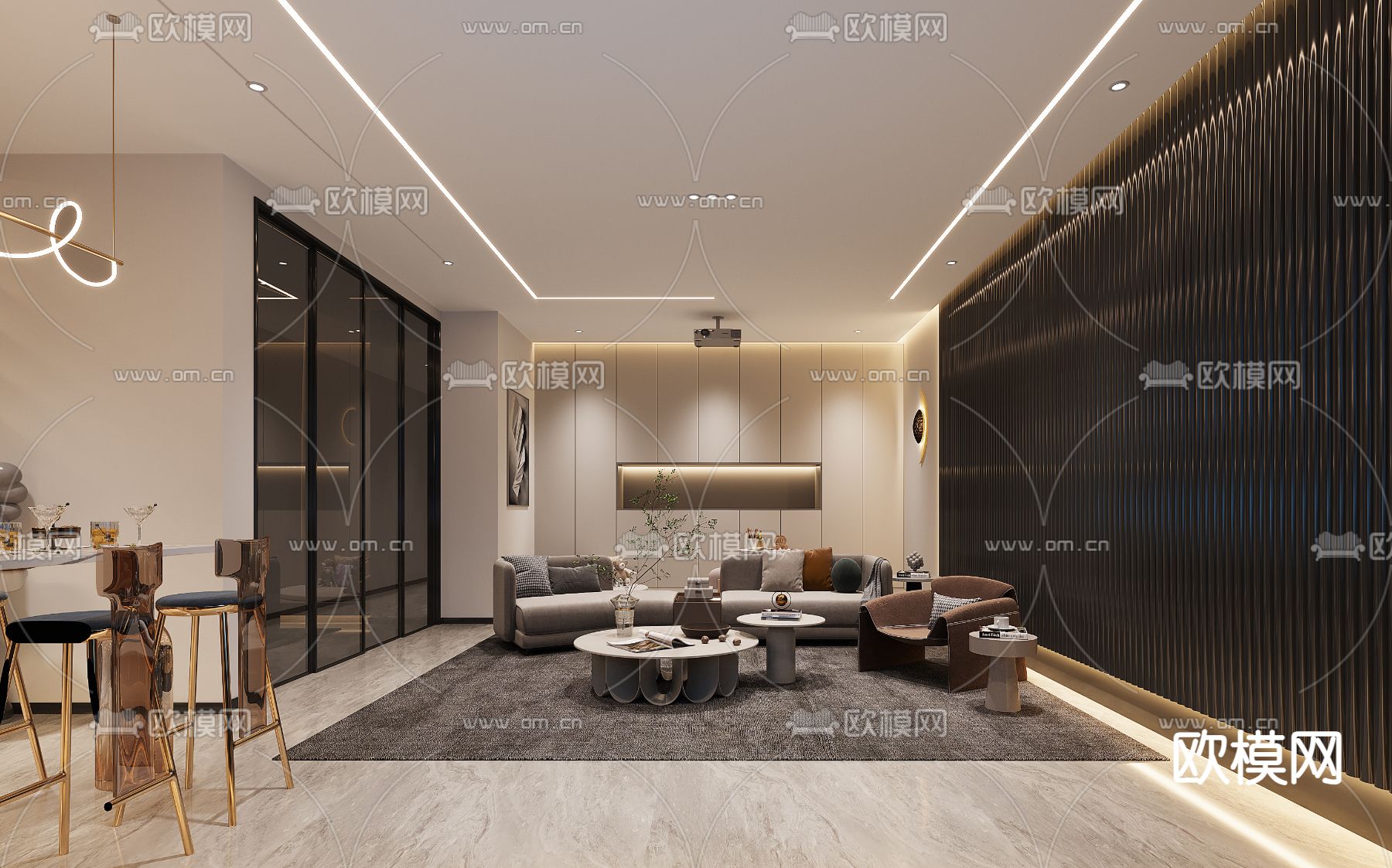 轻奢影音室 视听室 家庭影院3d模型下载（渲染图1）