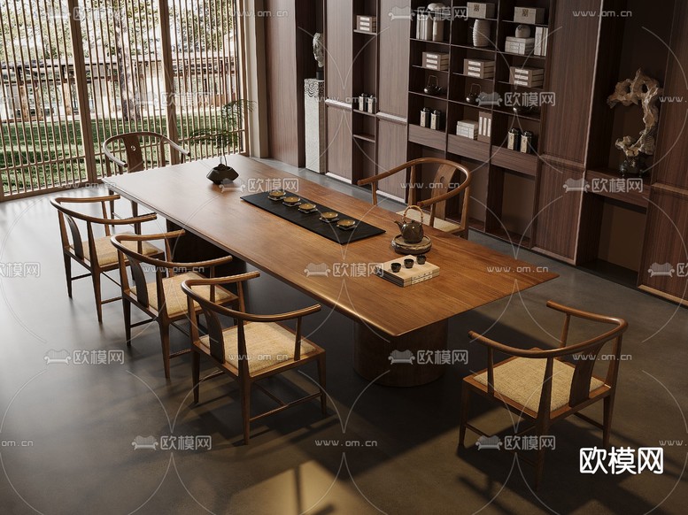 新中式茶桌椅 茶台3d模型下载(渲染图1)