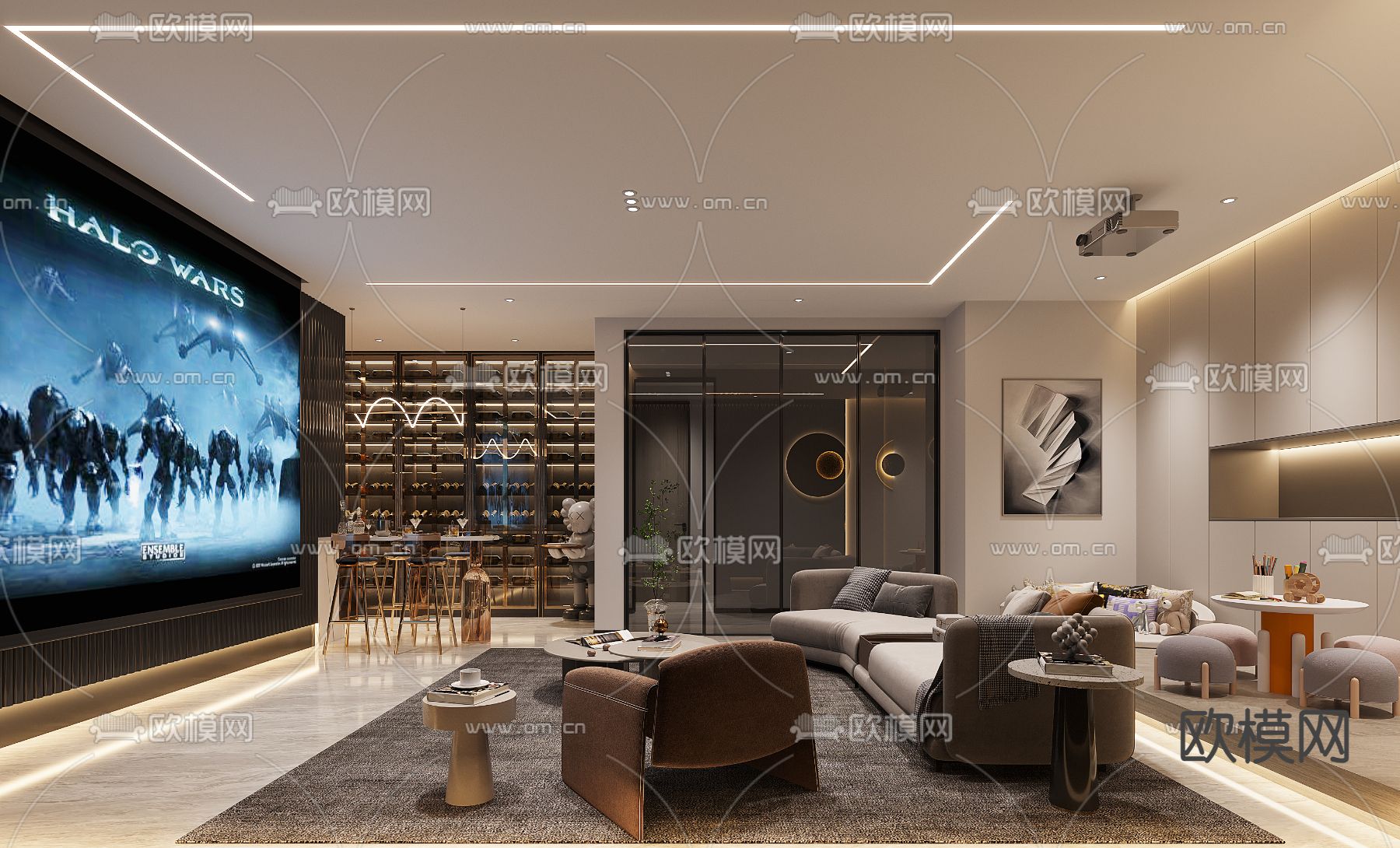 轻奢影音室 视听室 家庭影院3d模型下载（渲染图2）
