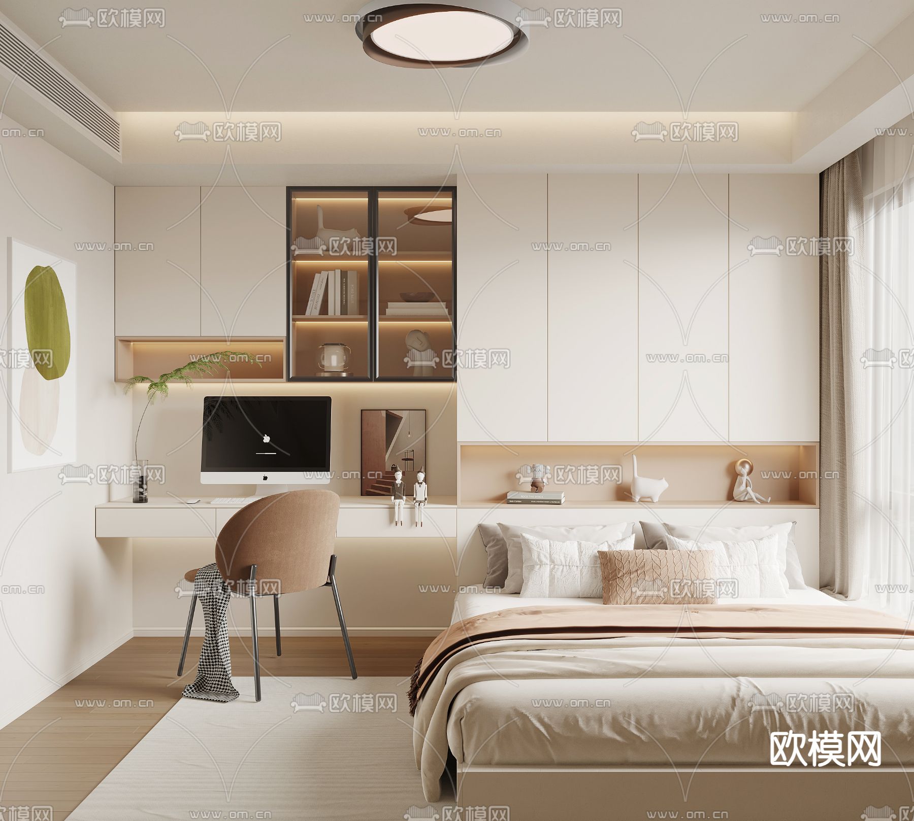 奶油风榻榻米卧室 次卧 客房3d模型下载