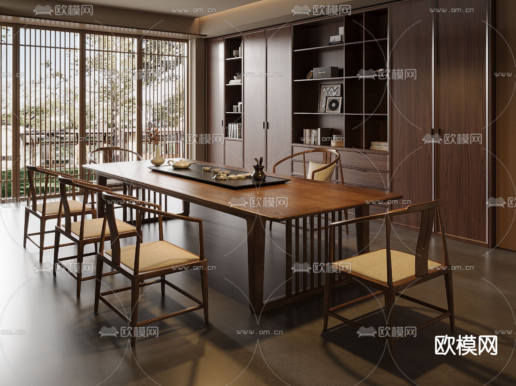 新中式茶桌椅 茶台3d模型下载（渲染图1）