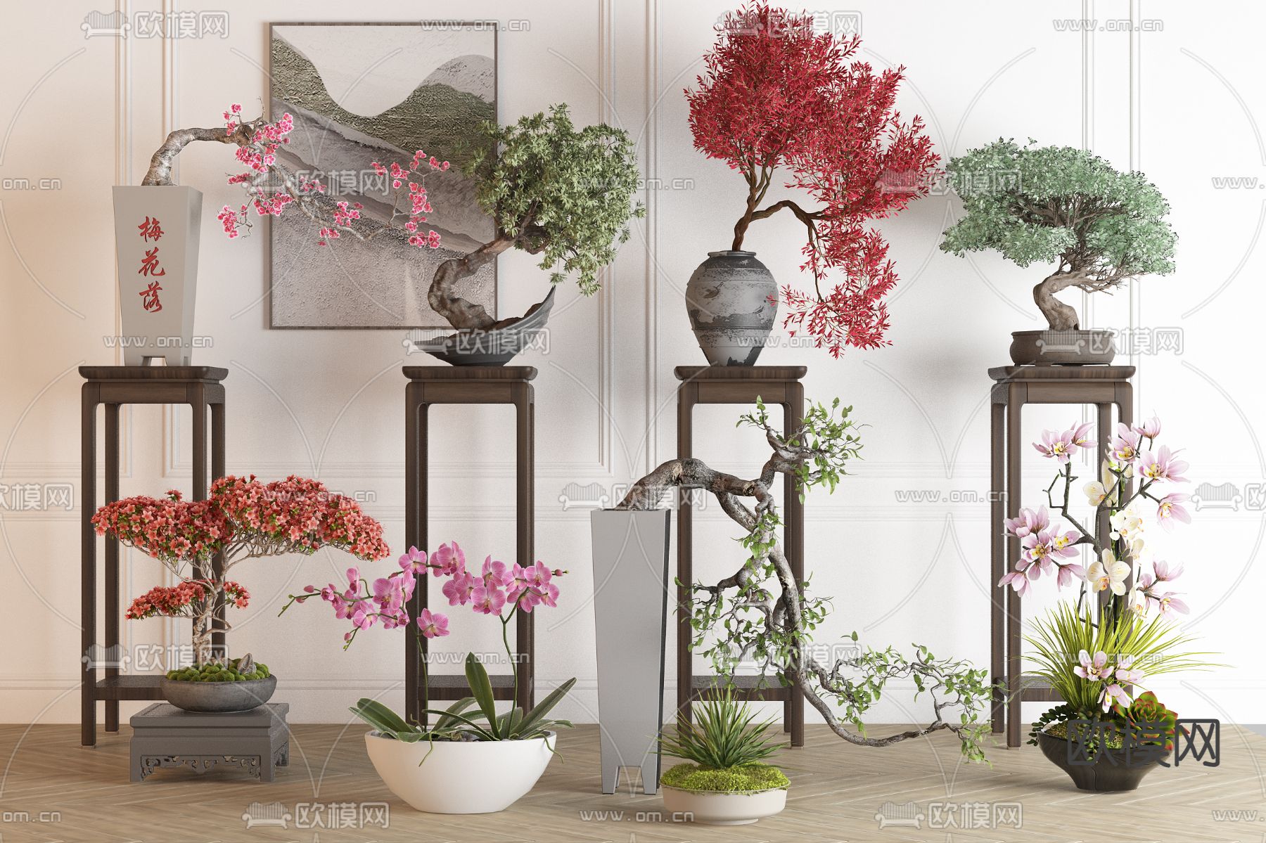 新中式盆栽 盆景 松树 橘子树 山茶花3d模型下载_ID15133809_3dmax免费模型-欧模网