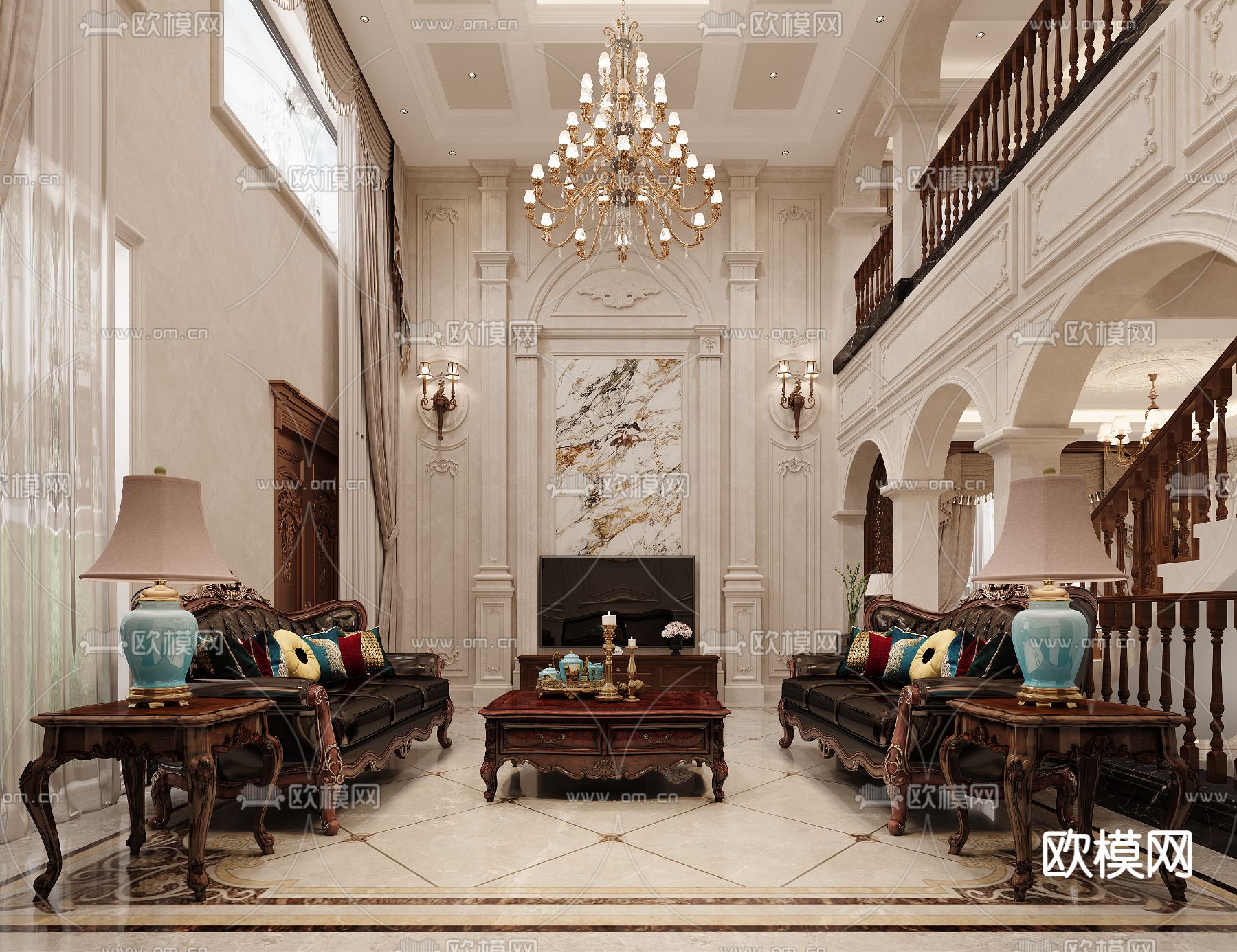 美式别墅客厅 会客区3d模型下载