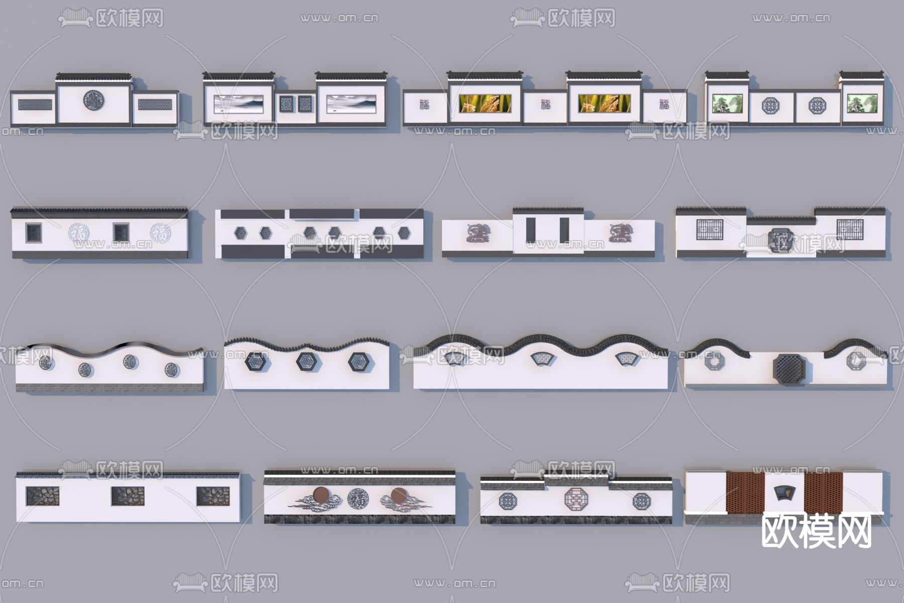新中式景墙 围墙 庭院墙 青砖白墙3d模型下载