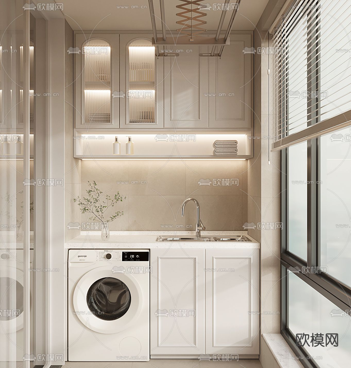 奶油风阳台柜 洗衣机柜3d模型下载