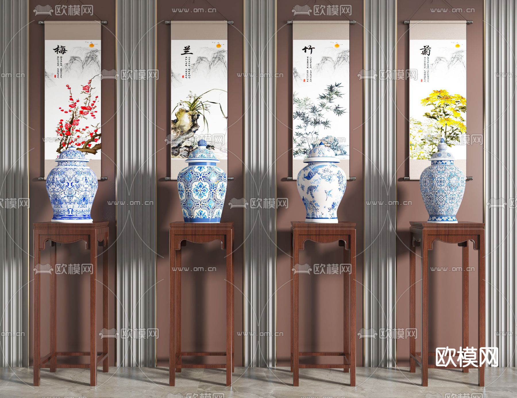 中式青花瓷 瓷器 文物 古玩 花几3d模型下载