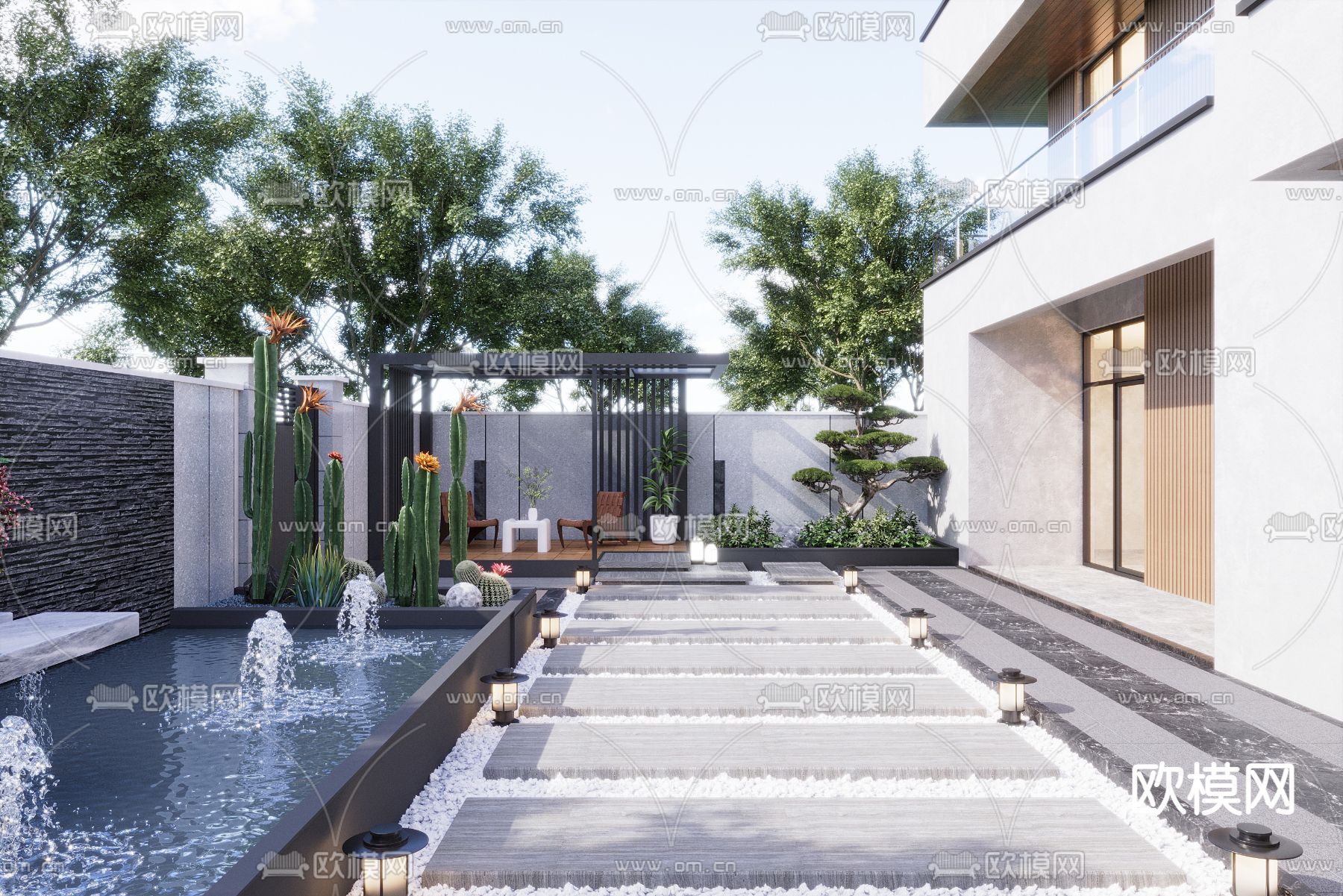 别墅花园 庭院景观3d模型下载（渲染图2）