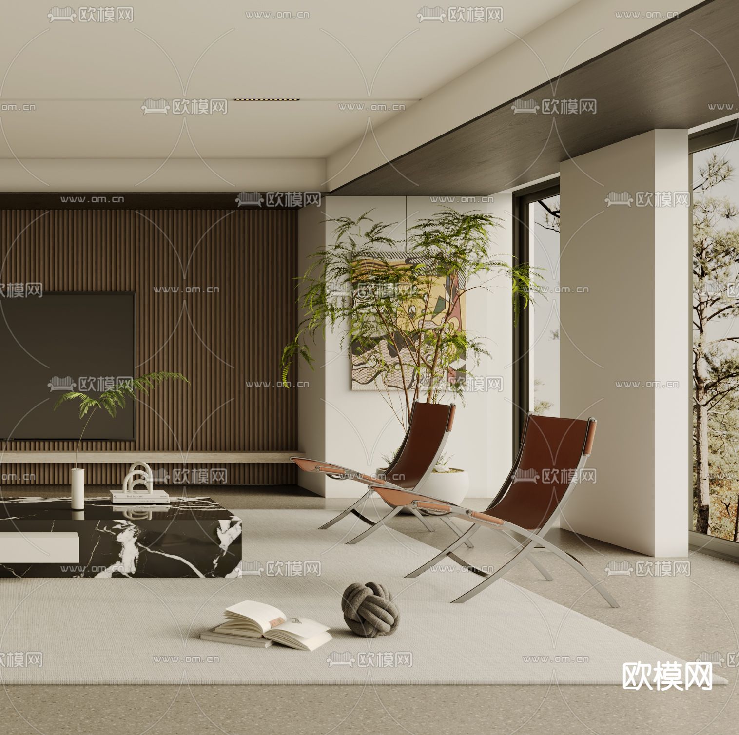 现代客厅 组合沙发 客厅背景墙3d模型下载（渲染图2）