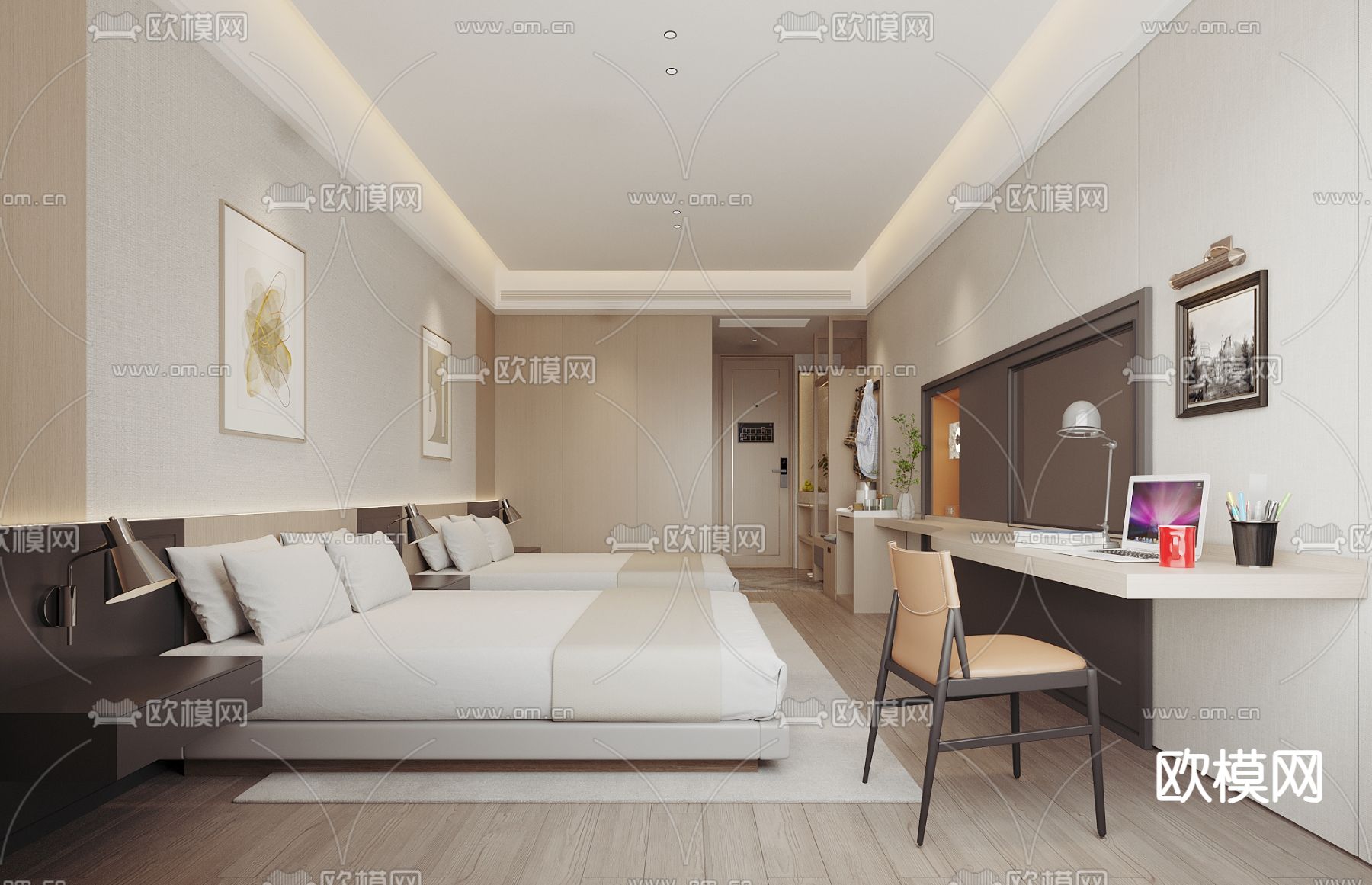 现代酒店客房 双床房3d模型下载