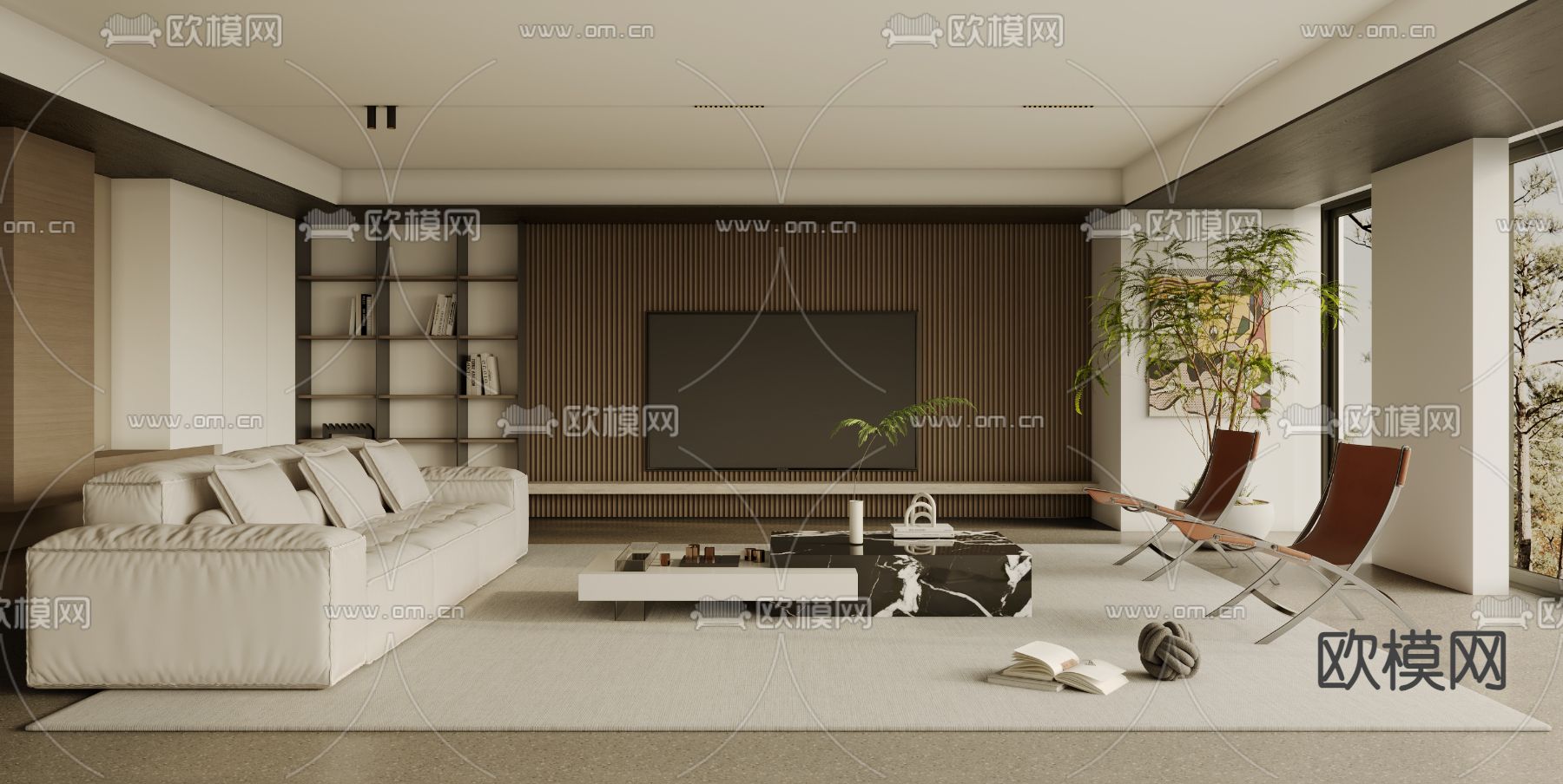 现代客厅 组合沙发 客厅背景墙3d模型下载（渲染图1）