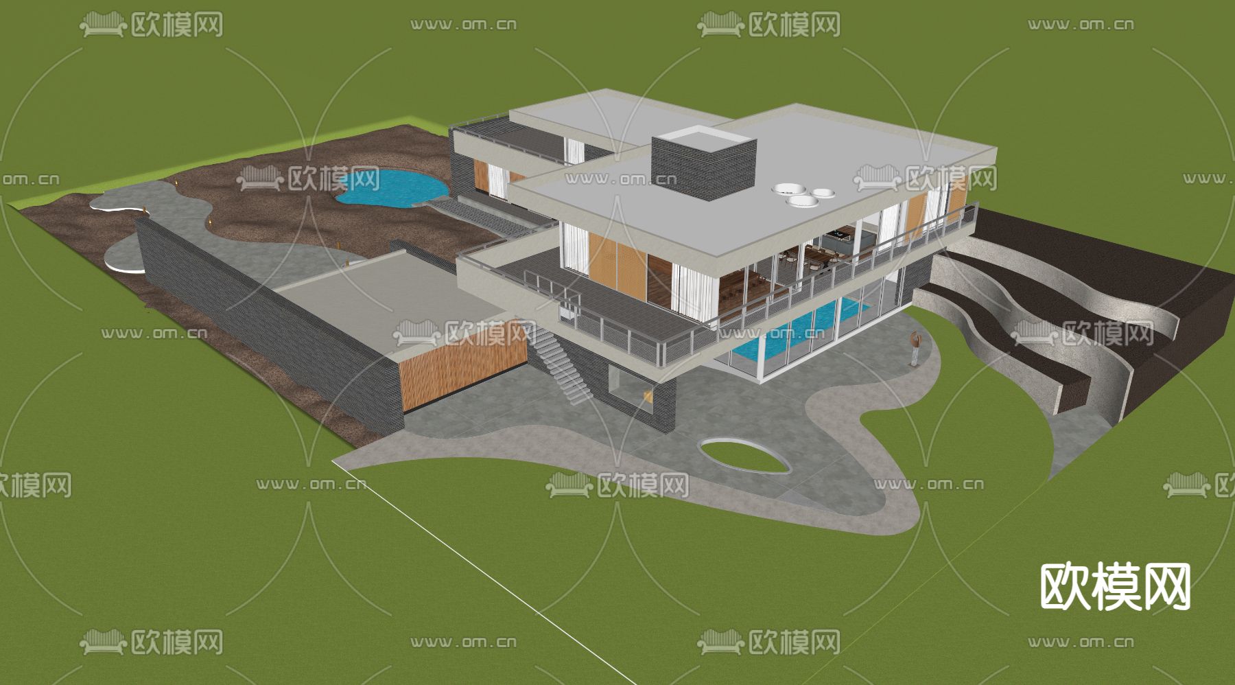 现代独栋别墅su模型下载（渲染图4）