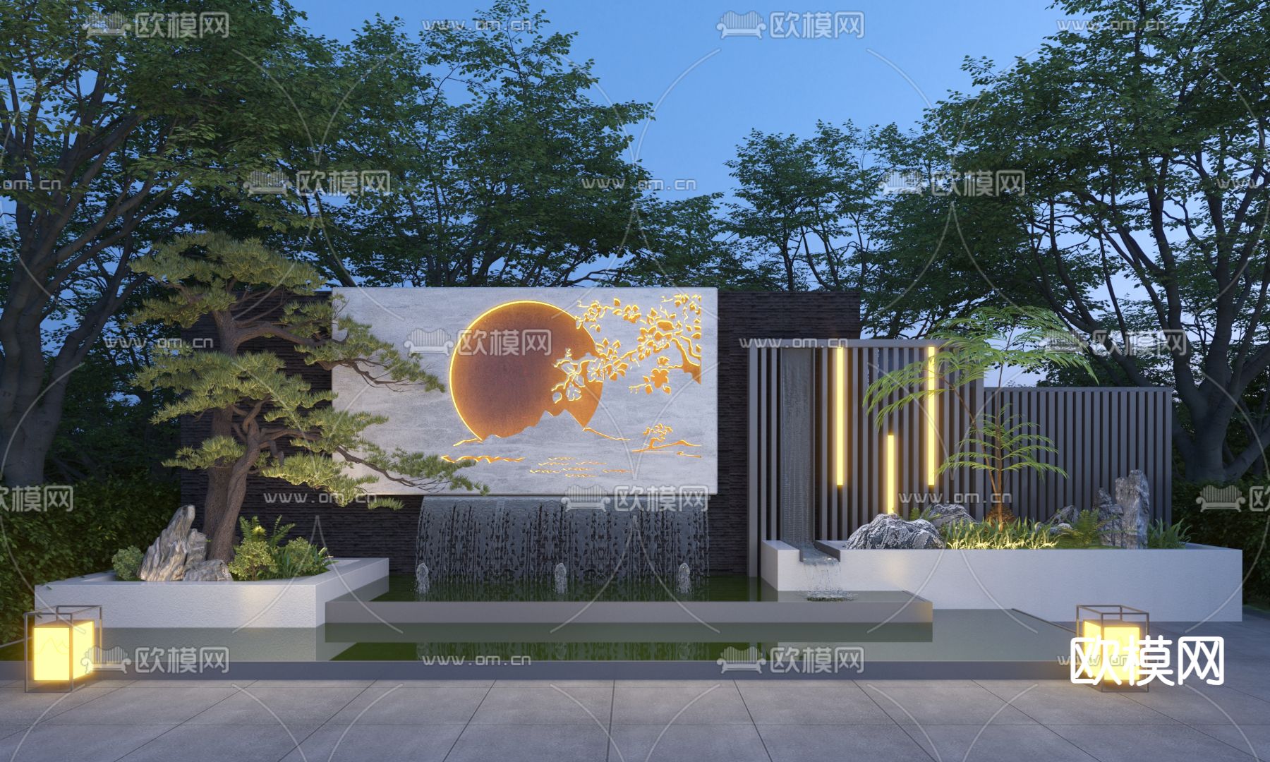 庭院叠水景墙 喷泉水池3d模型下载