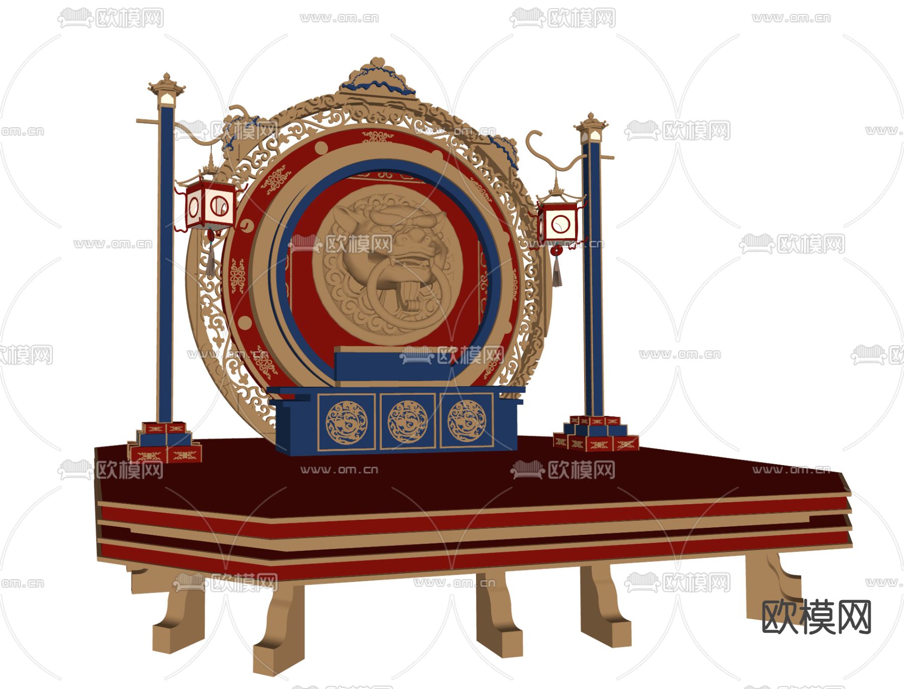 新中式网红美陈 户外装置 演绎舞台 国潮舞台3d模型下载（渲染图2）